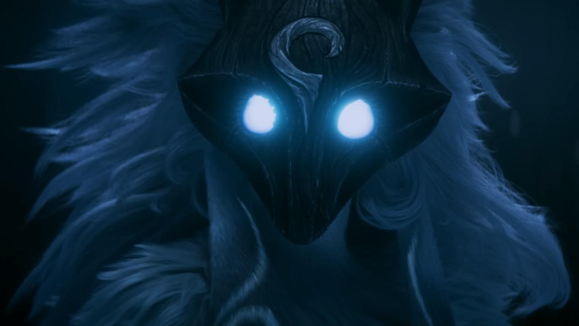 The haunting visage of Lamb, one half of Kindred. She is an ethereal creature wearing a carved mask, with bright blue eyes glowing.