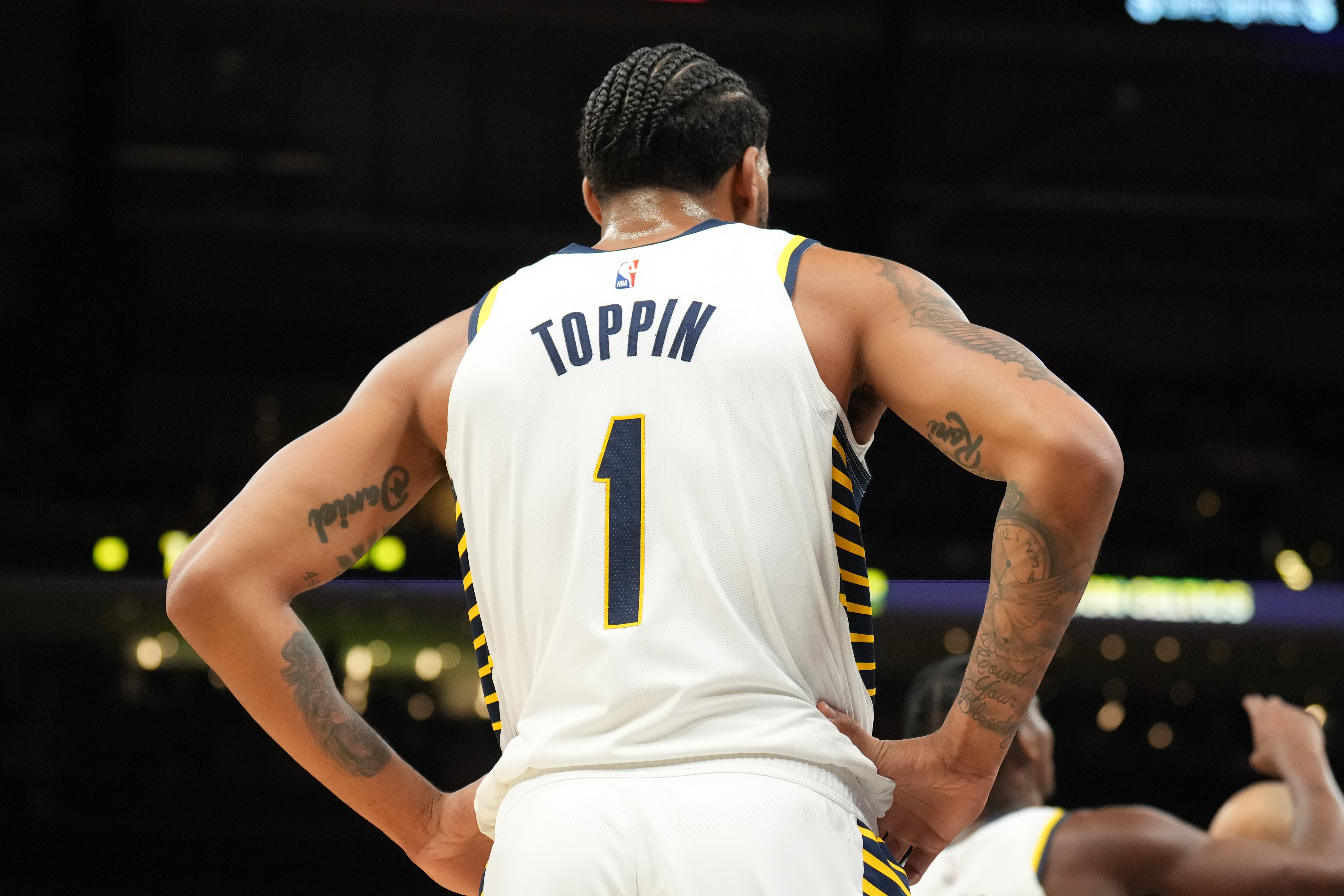 Obi Toppin #1 of the Indiana Pacers looks on during the game against the Boston Celtics on January 8, 2024 at Gainbridge Fieldhouse in Indianapolis, Indiana.&nbsp;