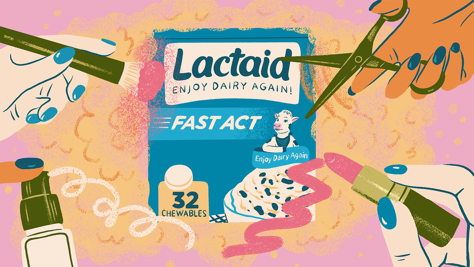 Hands holding a makeup brush, scissors, lipstick, and a spray bottle surround a box of Lactaid. Illustration.