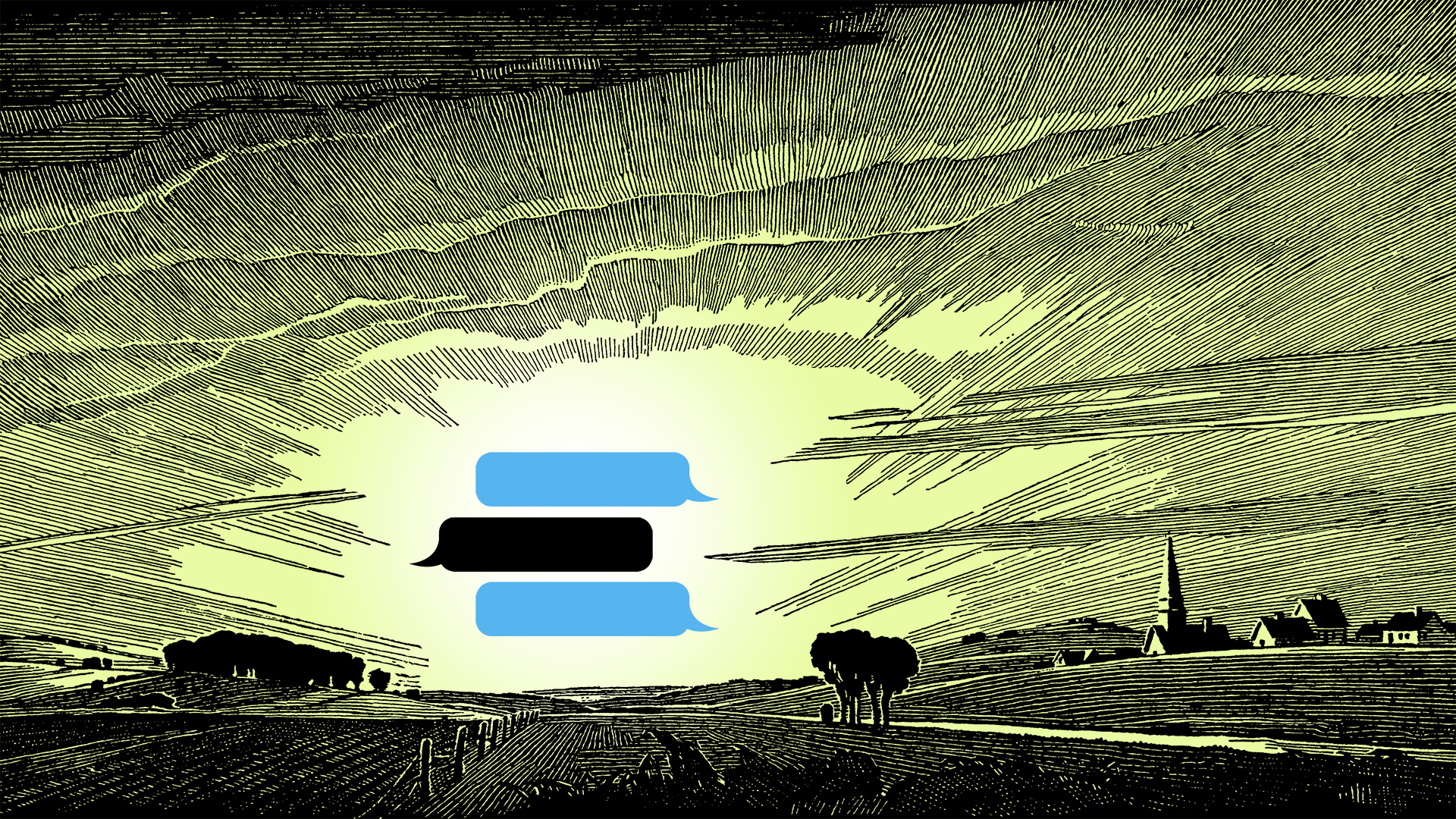 Three speech bubbles representing the OpenAI GPT chatbot store are floating above a horizon in an etched drawing of a countryside.
