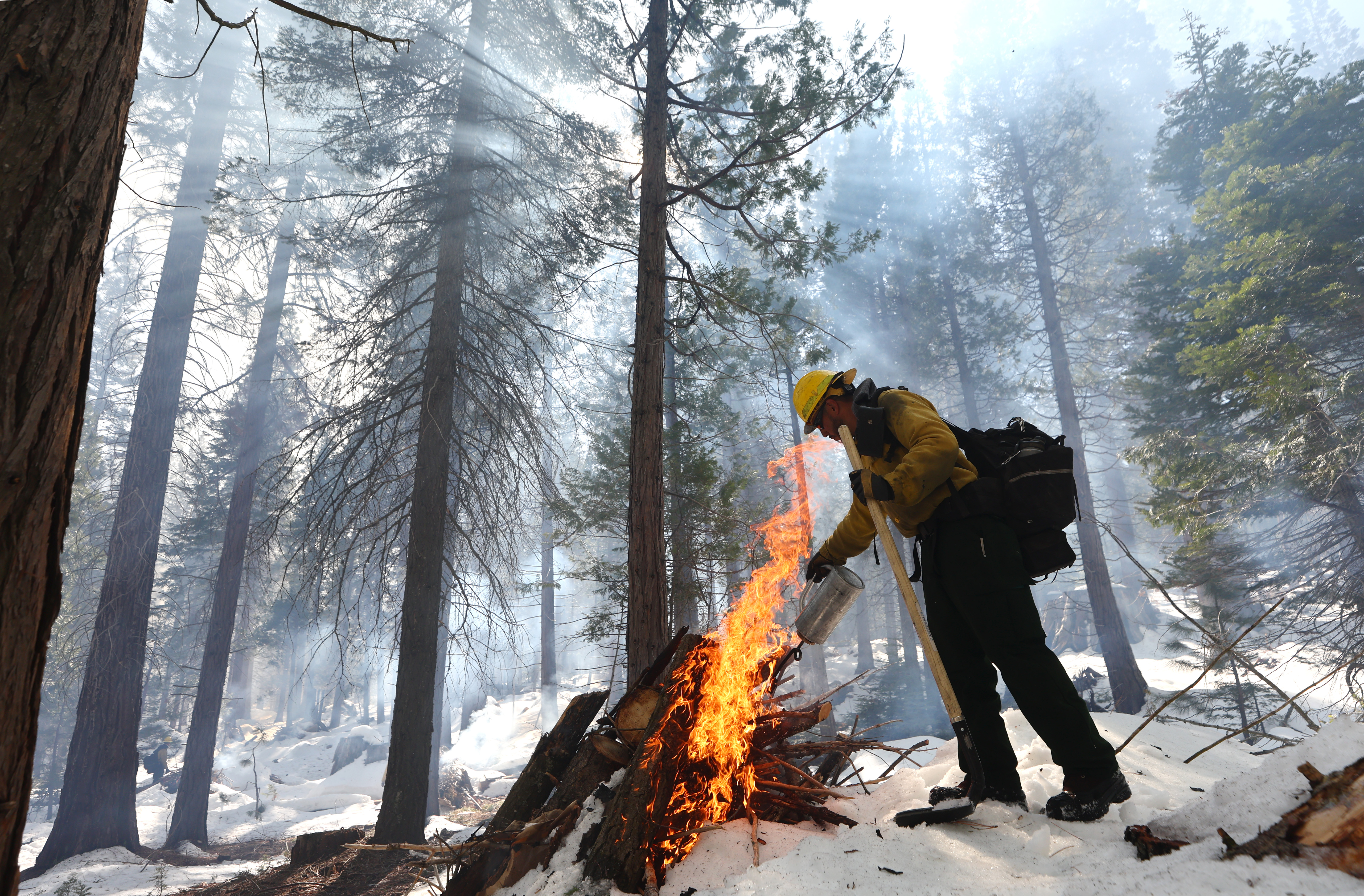 A firefighter burns a pile of wood in a snowy forest on February 19, 2023. 