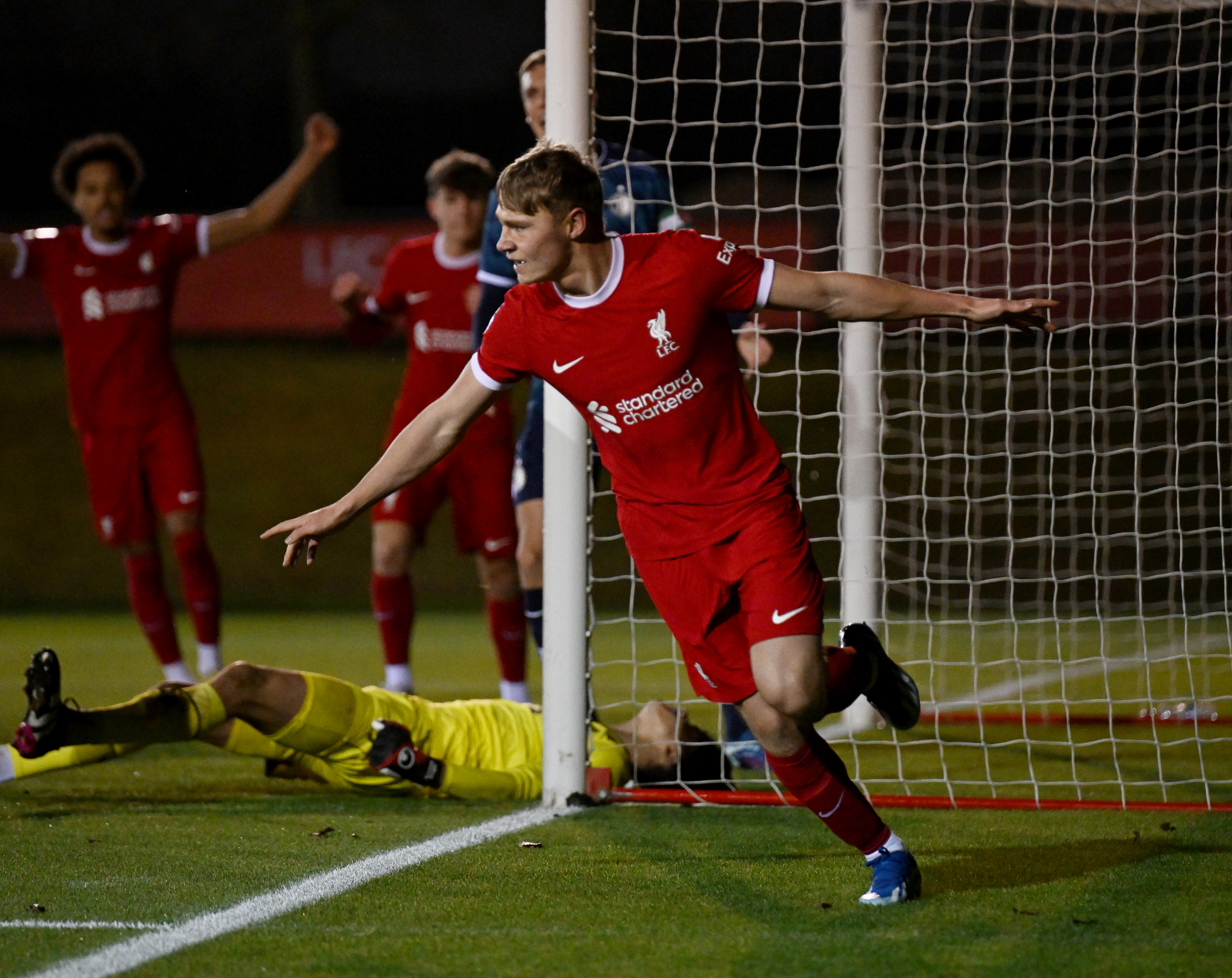 Paul Glatzel of Liverpool FC U21 celebrates after scoring the opening goal during the Premier League International Cup match between Liverpool FC U21 and Feyenoord U21 at The Kirkby Academy on December 22, 2023 in Kirkby, England.