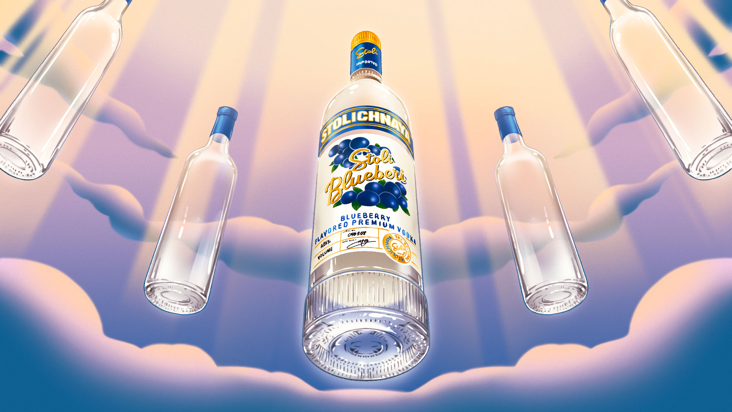 A bottle of Stoli Blueberry Vodka ascending into the heavens. 