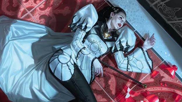 A dead character lying on the ground next to a shattered cup, wearing white and black. Key art from Magic’s Murders at Karlov Manor set.