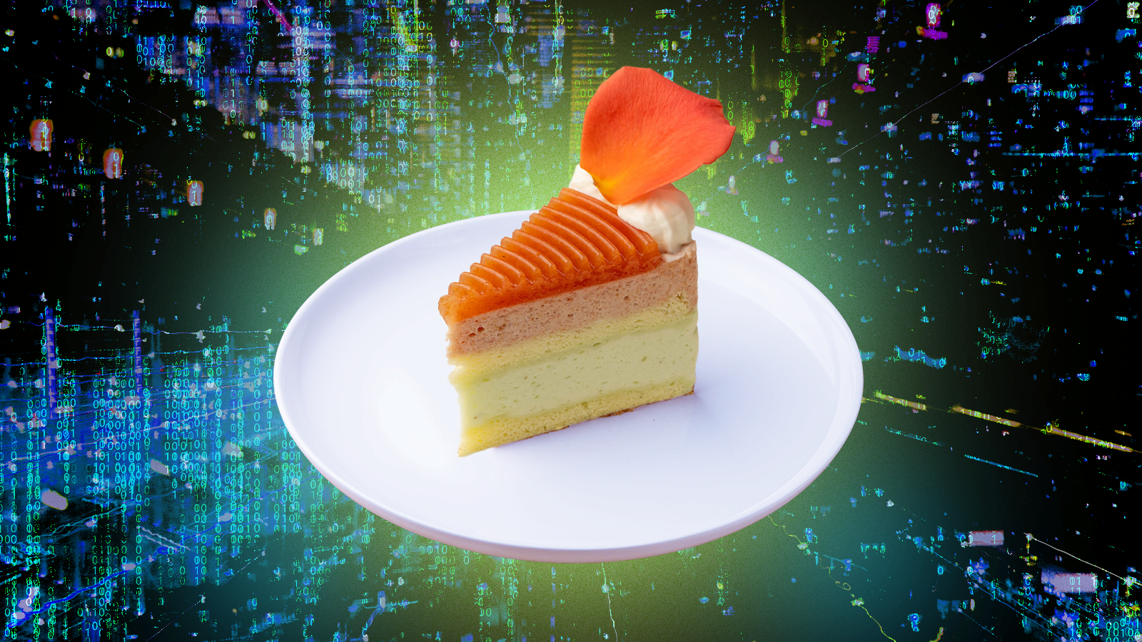 A colorful slice of cake with a matrix background.