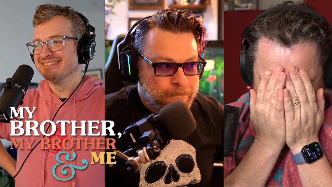 From left to right, photographs of Griffin, Travis, and Justin McElroy. All three are wearing headphones, and are behind microphones. Griffin is smiling, Travis looks pensive, and Justin is covering his face with his hands. The My Brother My Brother and Me logo is superimposed in the lower left corner.