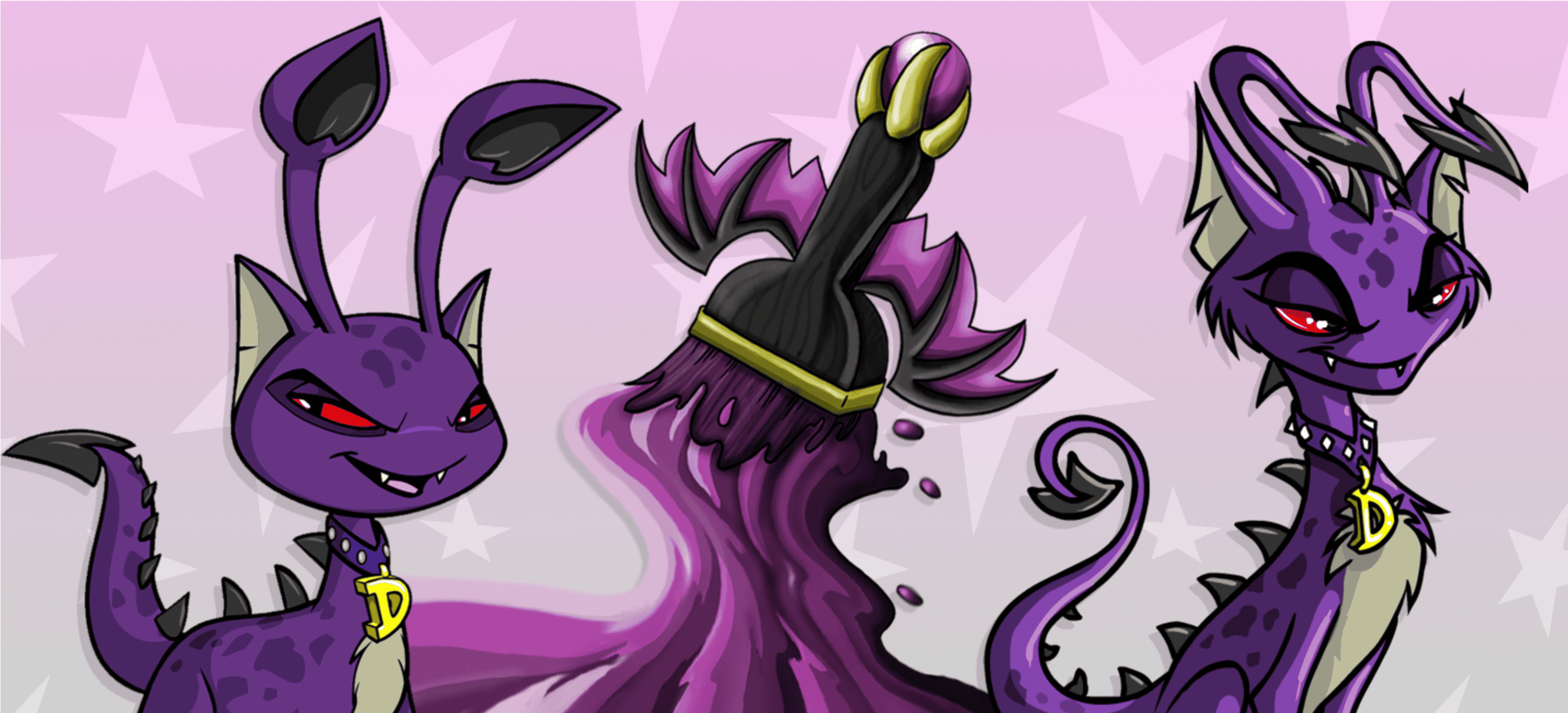 Two Neopets (both Aishas, which look like cats with long ears) on each side of a Darigan paint brush. Each Neopet has the Darigan ‘skin,’ which makes the Neopets purple with red eyes. The Aisha on the left is the current art, while the Aisha on the right has unconverted, pre-2007 original art.