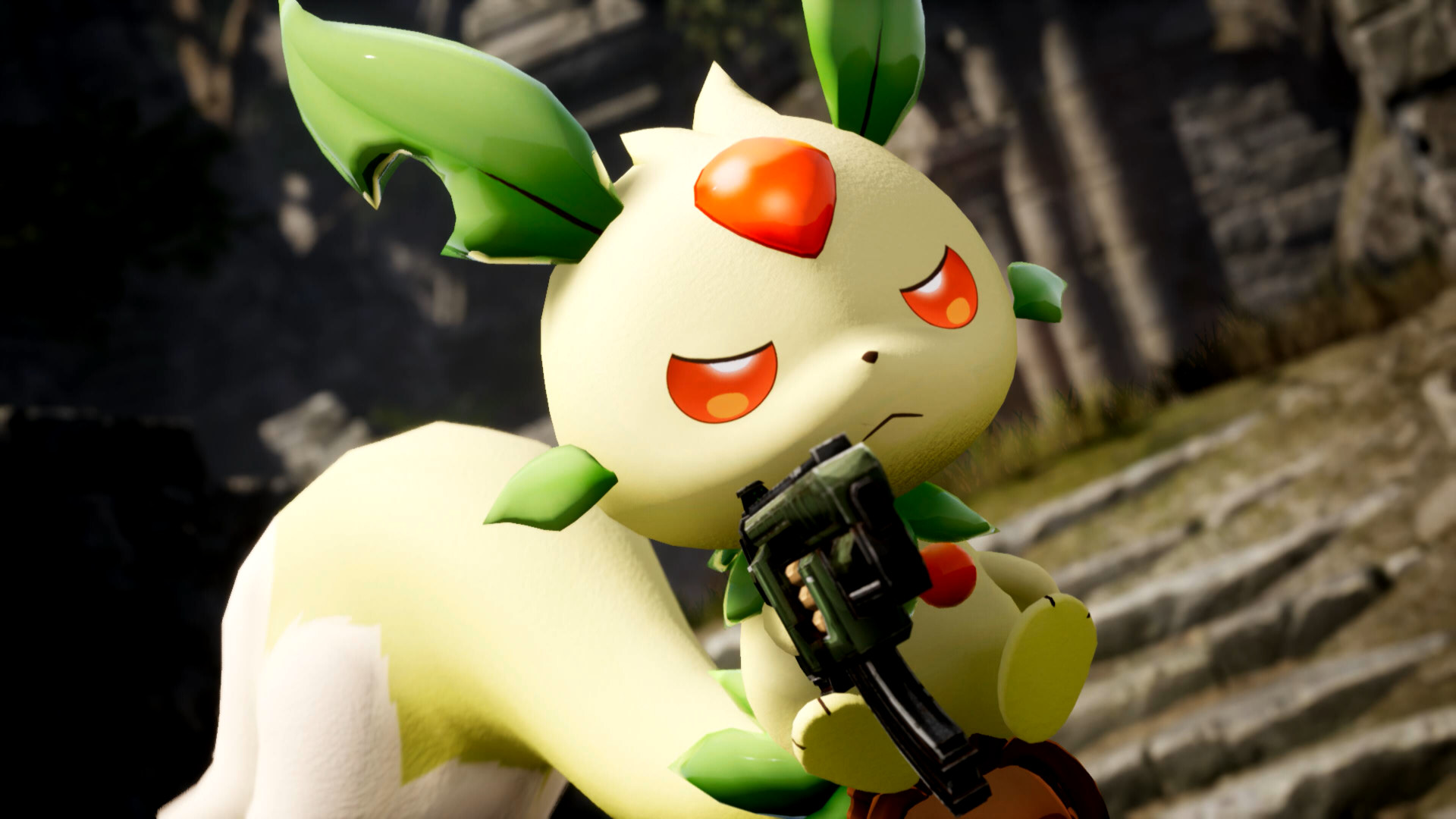 A cute, grass-type Pal from Palworld aims a small semi-automatic handgun