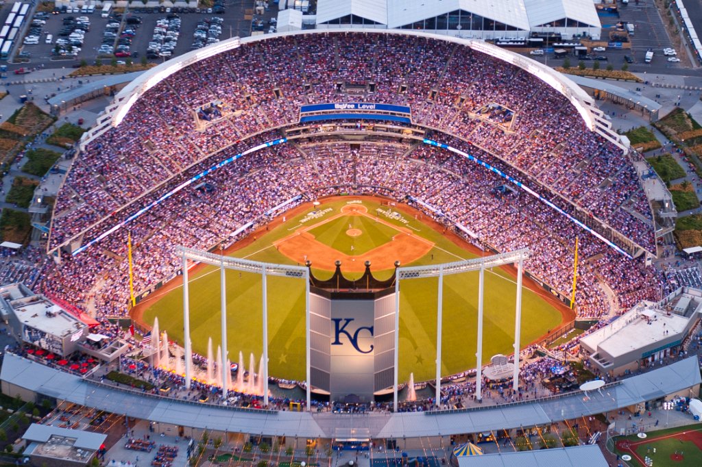 An aerial view of Kauffman Stadium during the 83rd Major League Baseball All-Star game between the American and National Leagues at Kauffman Stadium on July 10, 2012, in Kansas City, Missouri.