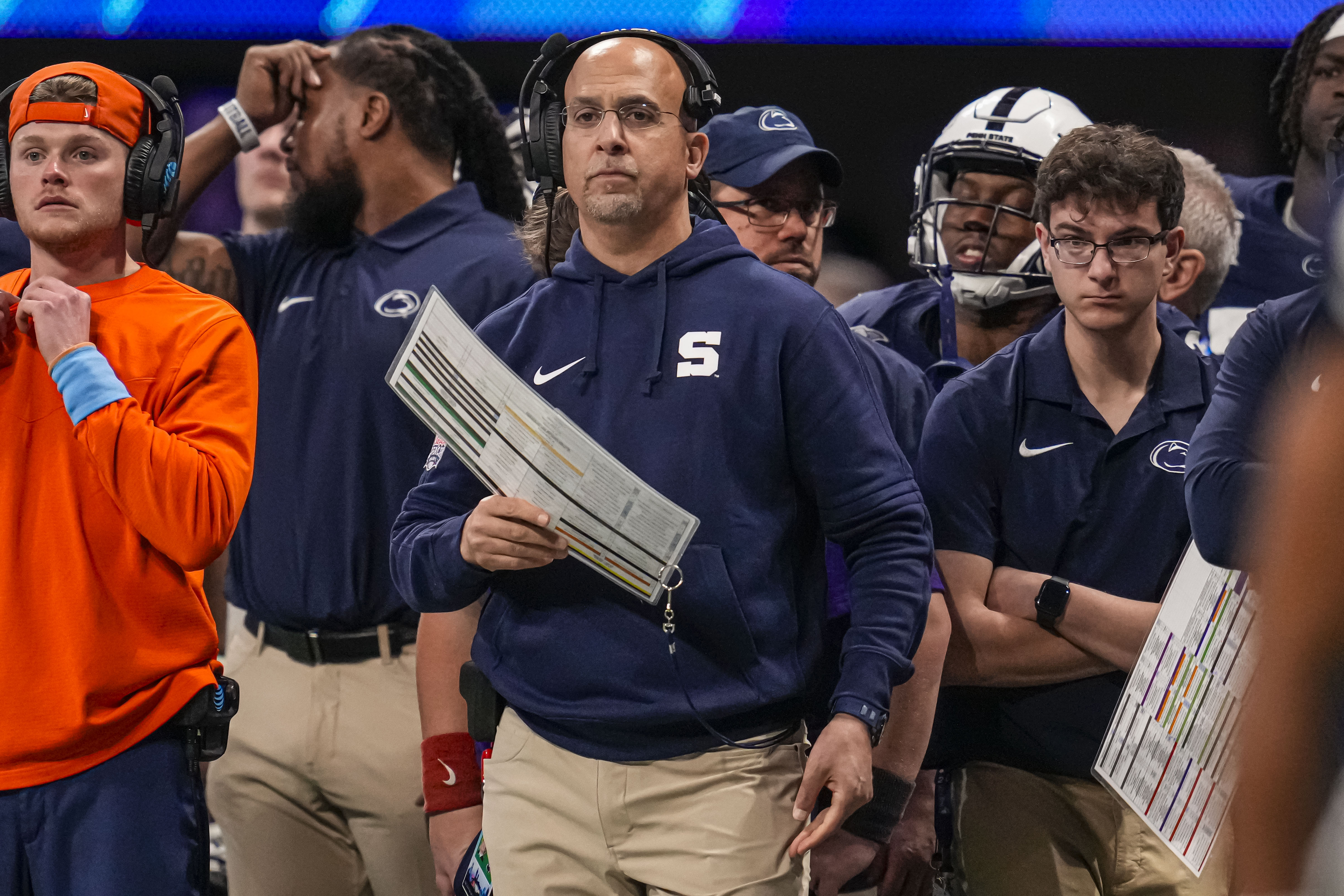 Penn State Nittany Lions head coach James Franklin on the sidelines against the Mississippi Rebels during the second half at Mercedes-Benz Stadium.