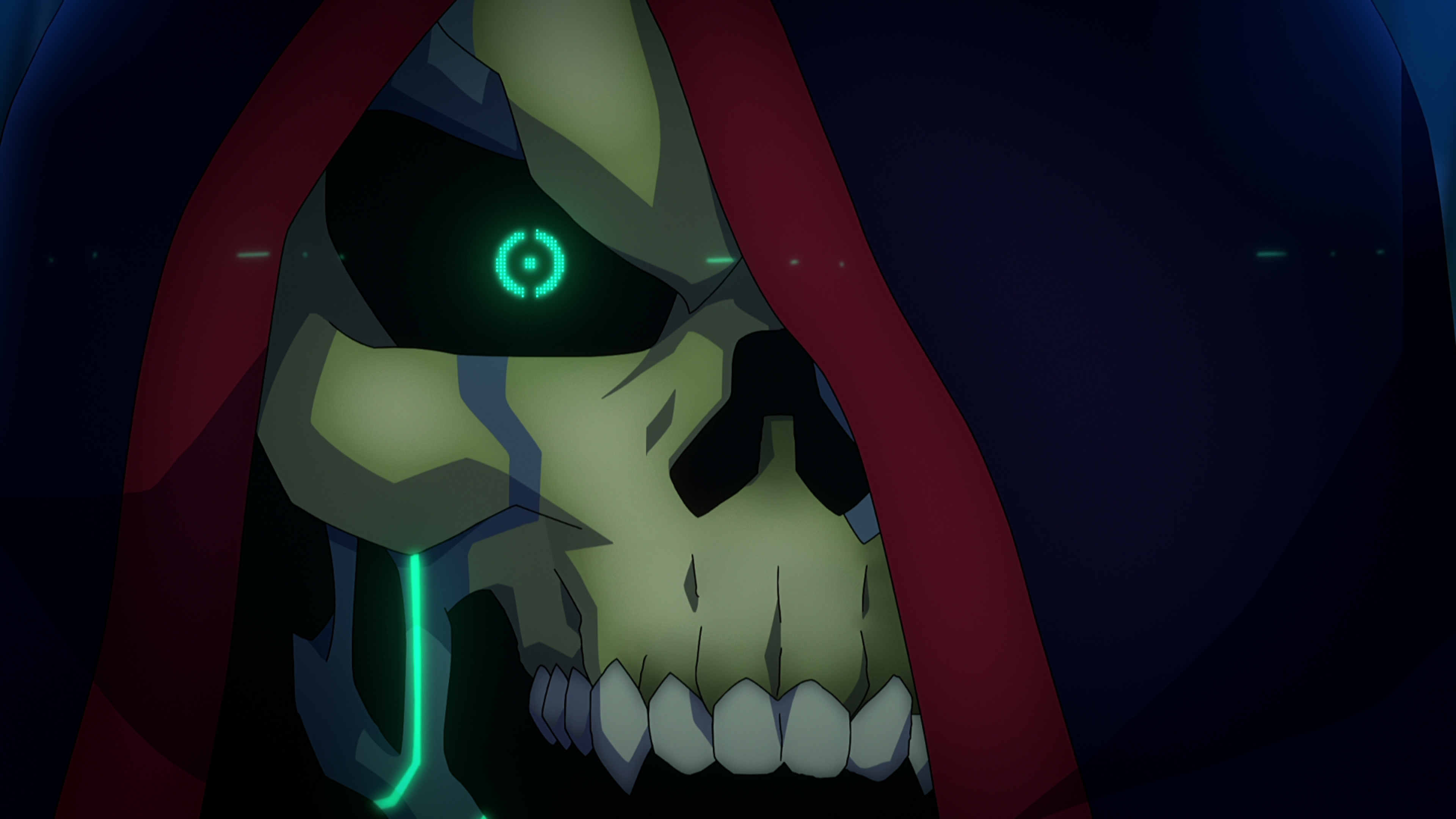 A close up on Skeletor, who has some glowing and metal parts of his face
