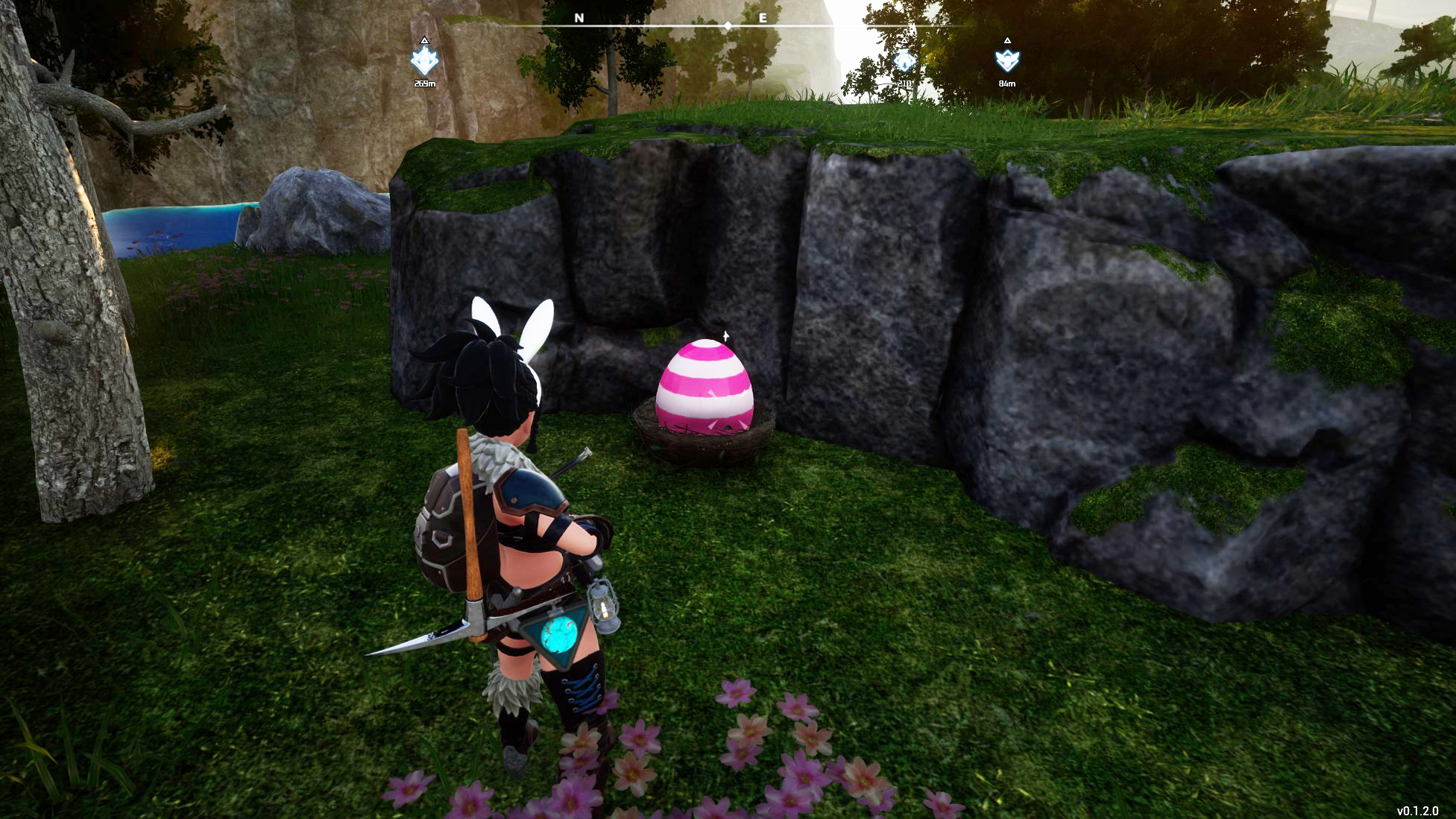 A Palworld player in front of a pink and white striped egg