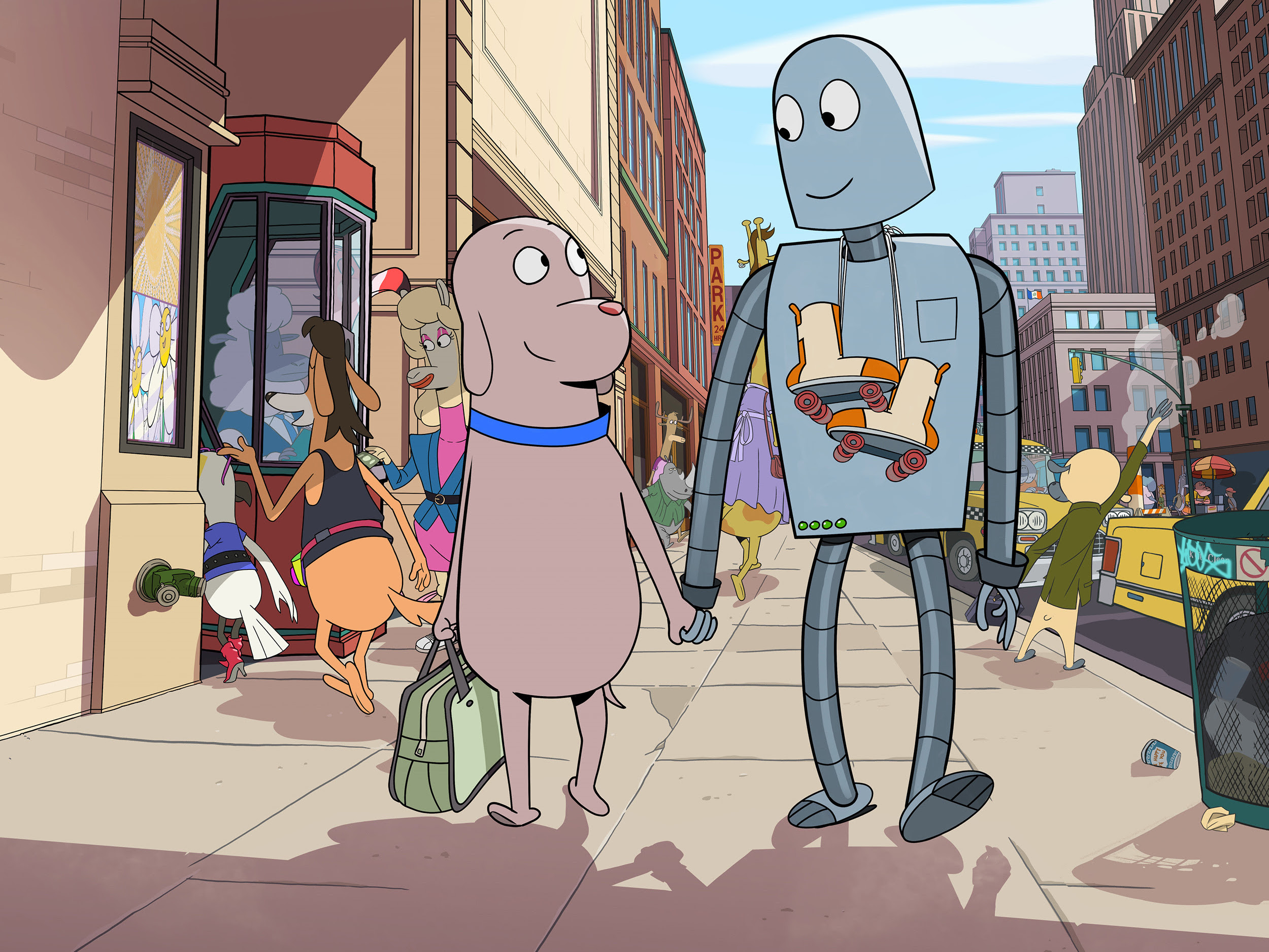 An image of an anthropomorphic cartoon dog carrying a briefcase, smiling and holding hands with a tall, gangly robot, as they walk through the streets of the East Village in New York City in the animated feature Robot Dreams