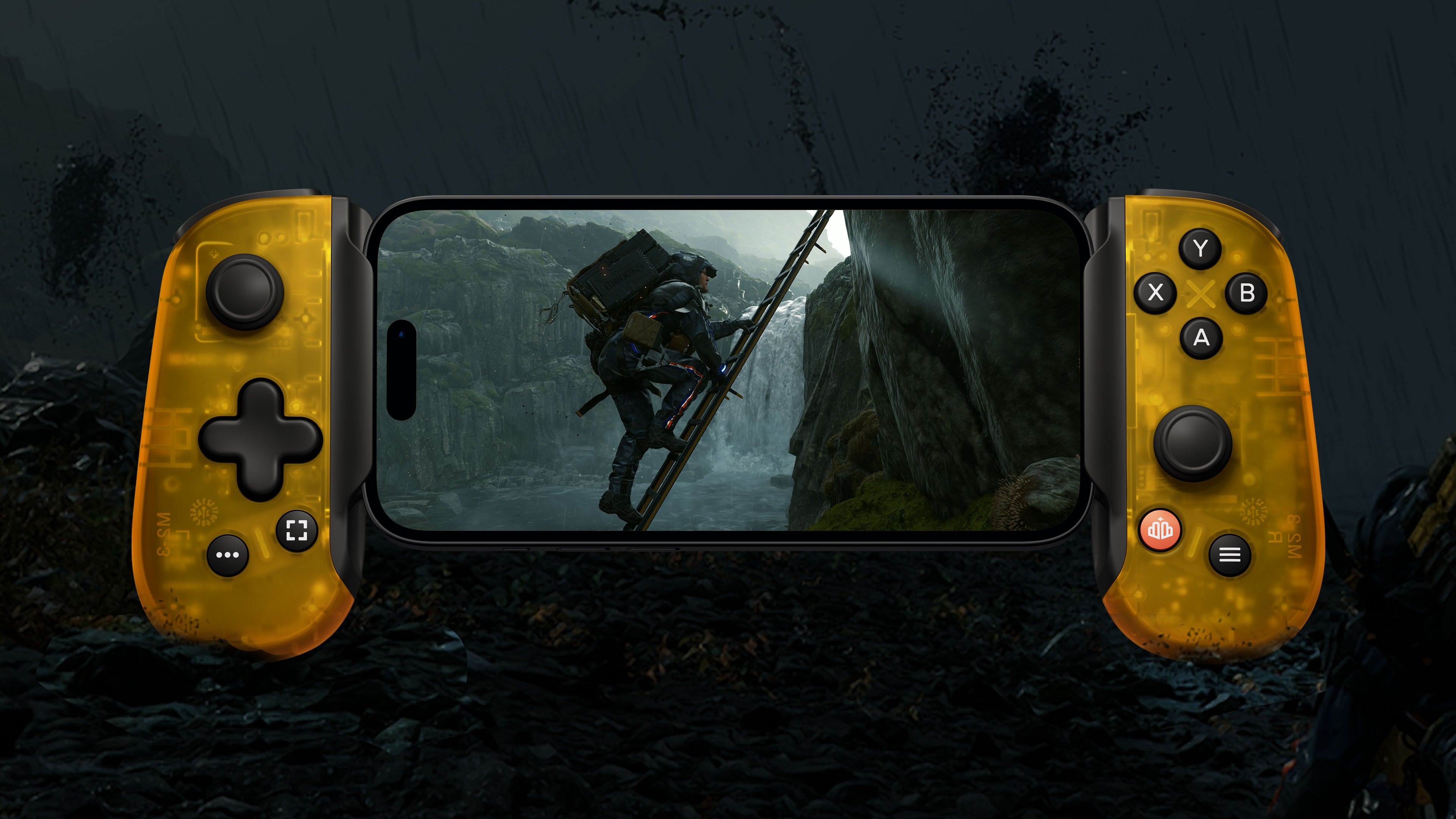 A render of the yellow Death Stranding Backbone One controller holding an iPhone that is displaying Death Stranding.