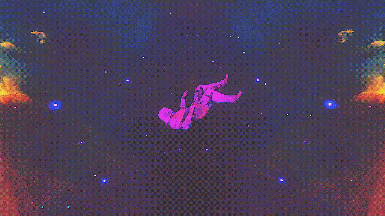 A knight floating suspended in a cosmic body, bathed in eerie purple light in Of Love and Eternity.