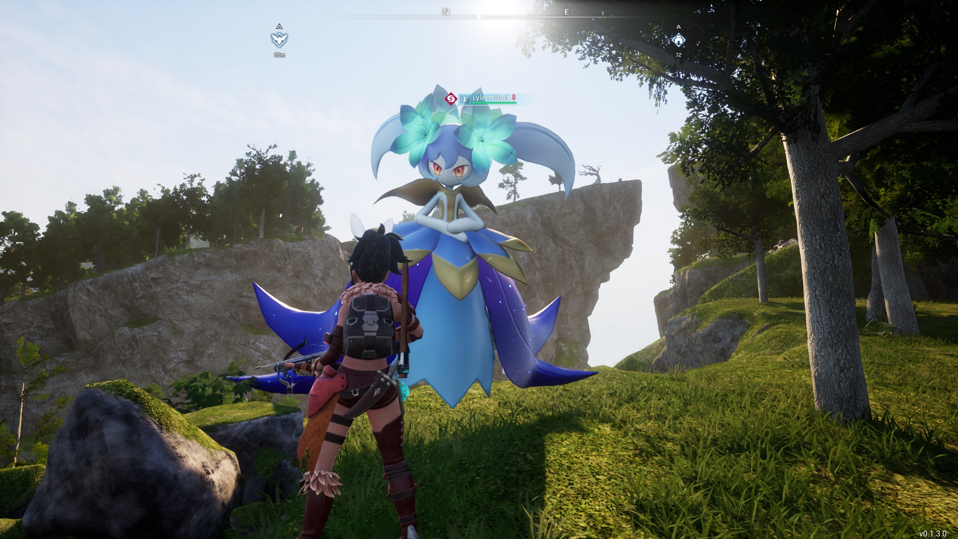 A Palworld player and a Lyleen Noct standing on a sunny cliffside