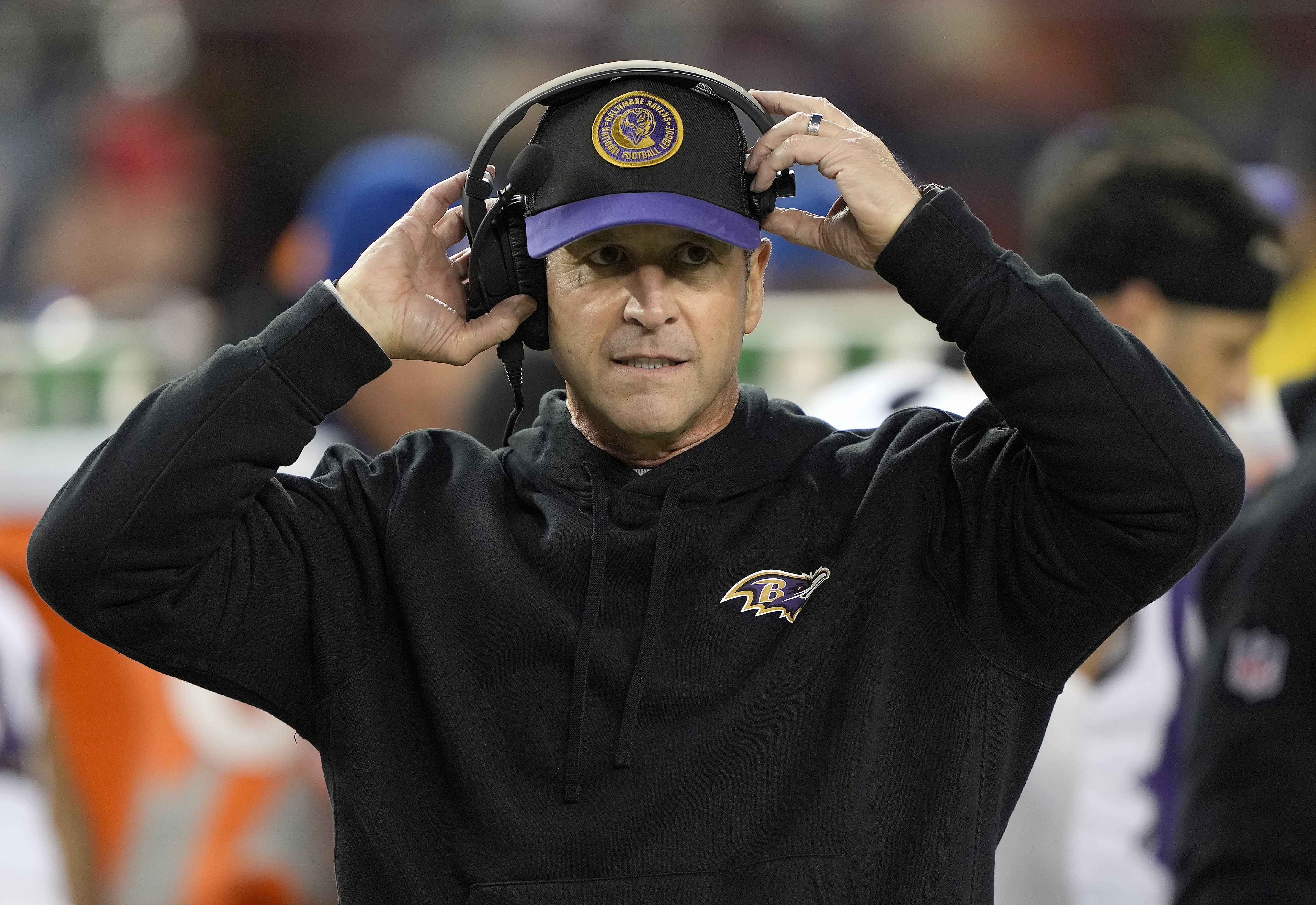 Head coach John Harbaugh of the Baltimore Ravens looks on prior to the start of an NFL football game against the San Francisco 49ers at Levi’s Stadium on December 25, 2023 in Santa Clara, California.
