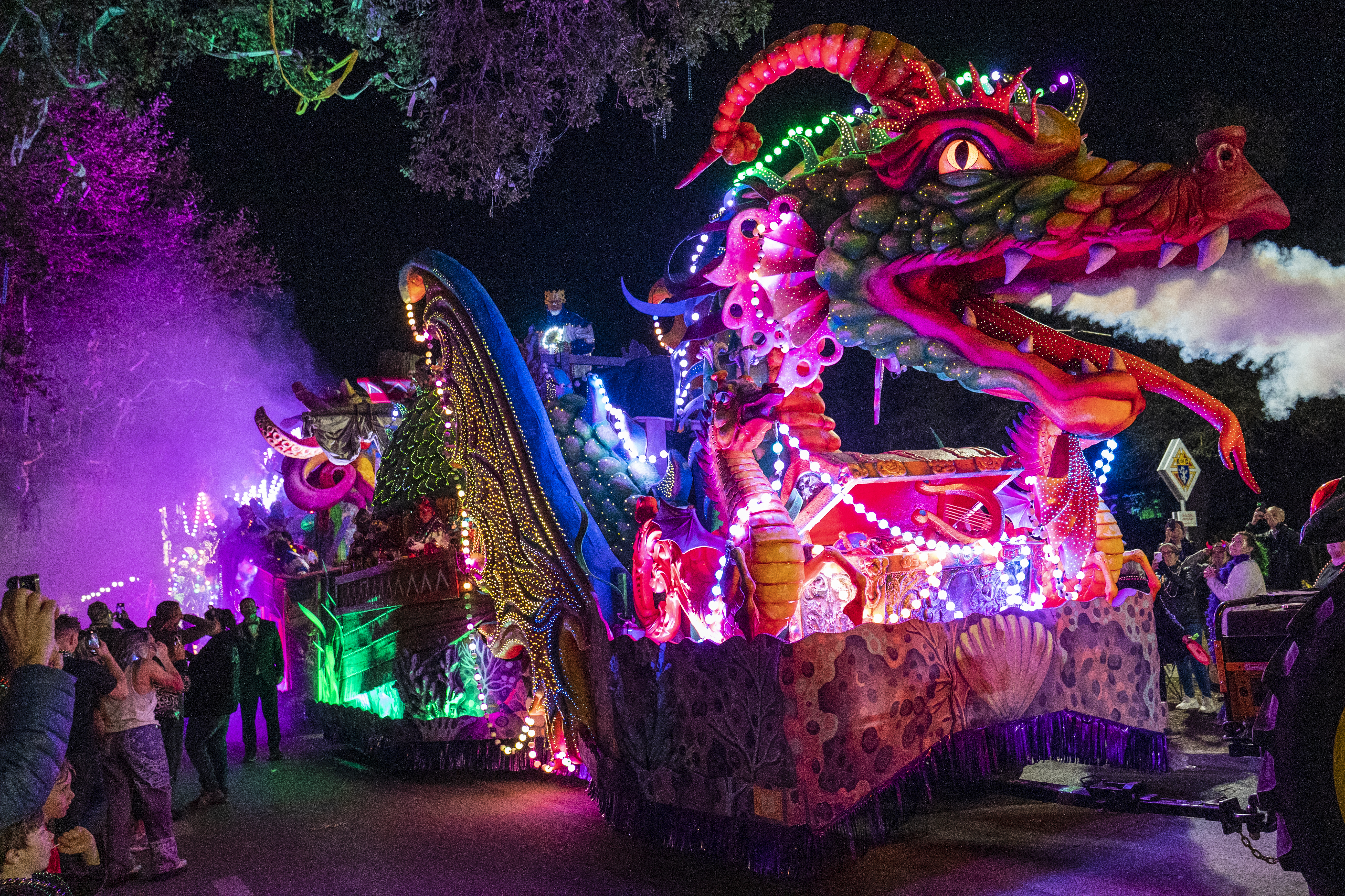 The Orpheus Leviathan, a signature float in the 2022 Krewe of Orpheus parade, rolls down Napoleon Avenue on February 28, 2022 in New Orleans, Louisiana.