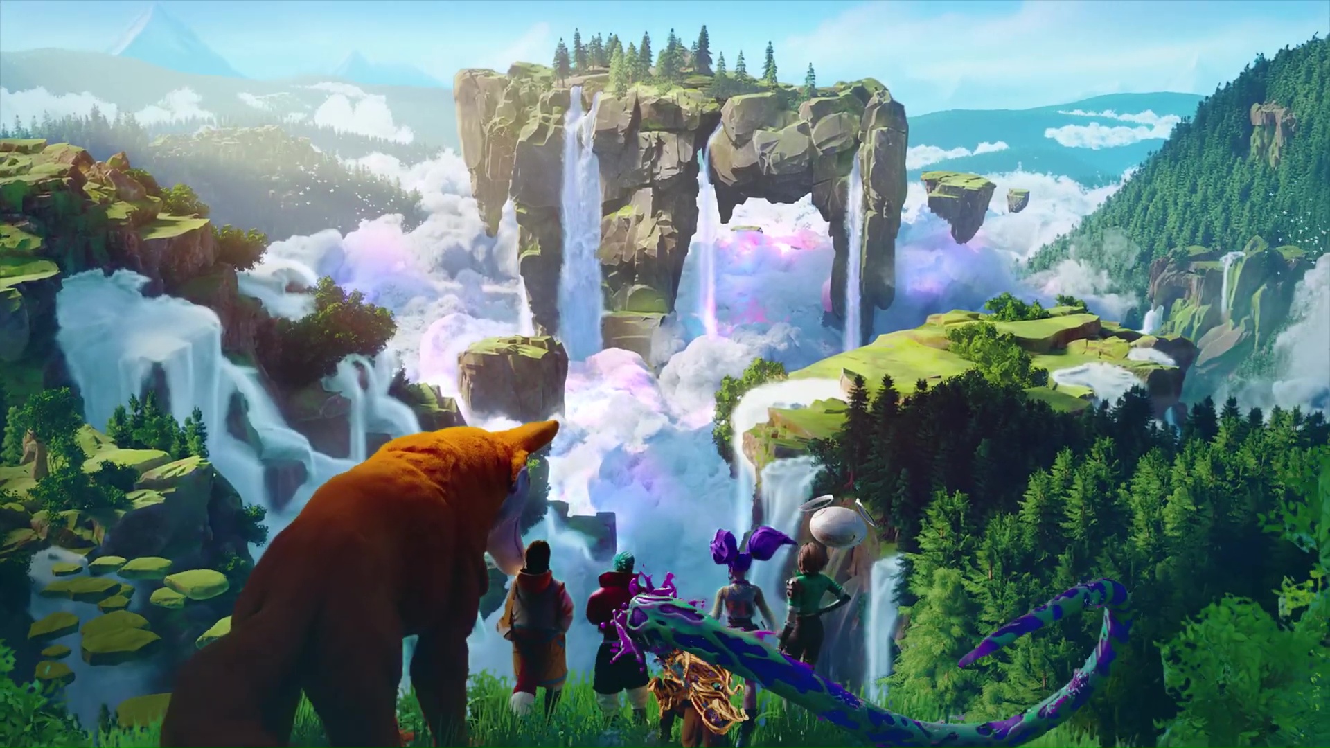 four player characters and their animal-like companions stand atop a cliff, gazing out at a fantastical landscape shrouded in clouds and glistening with waterfalls