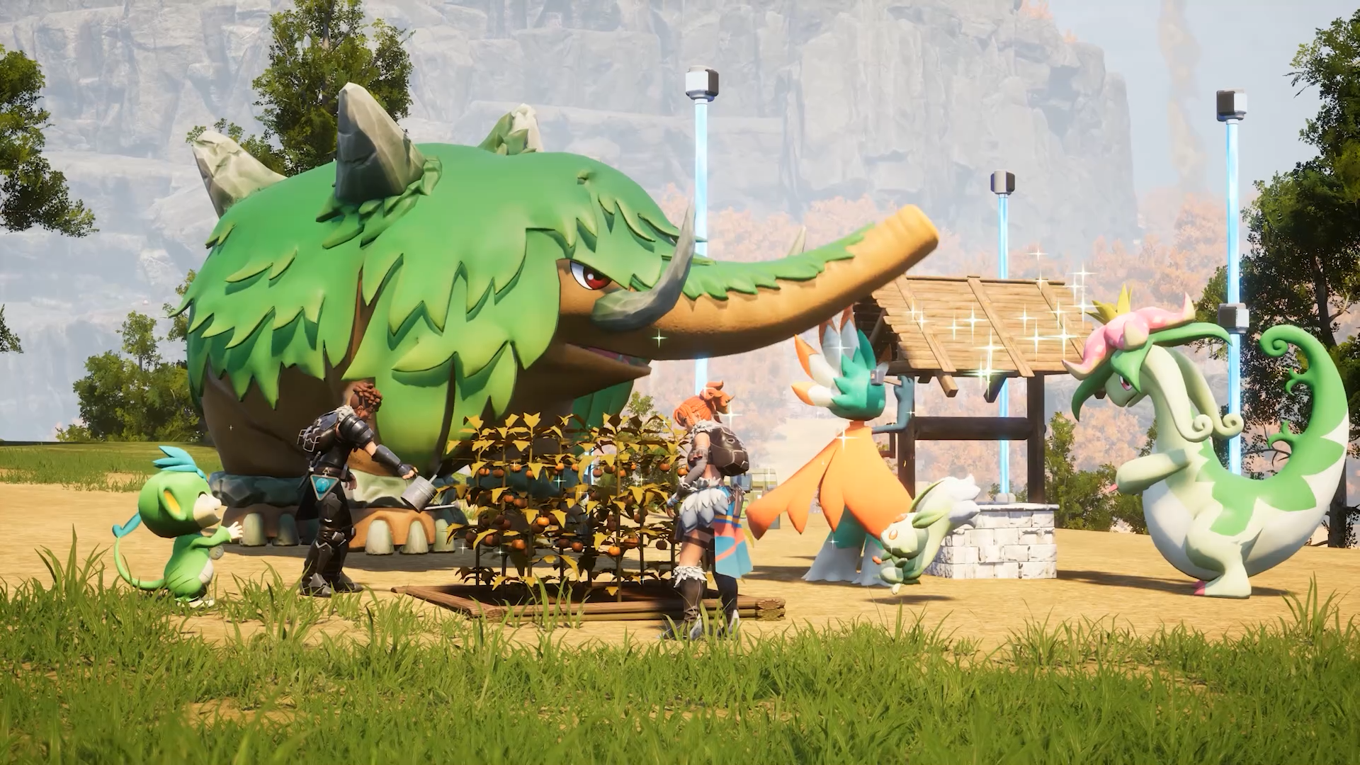 A giant green elephant stands near a well in key art for Palworld which has Palworld mods.
