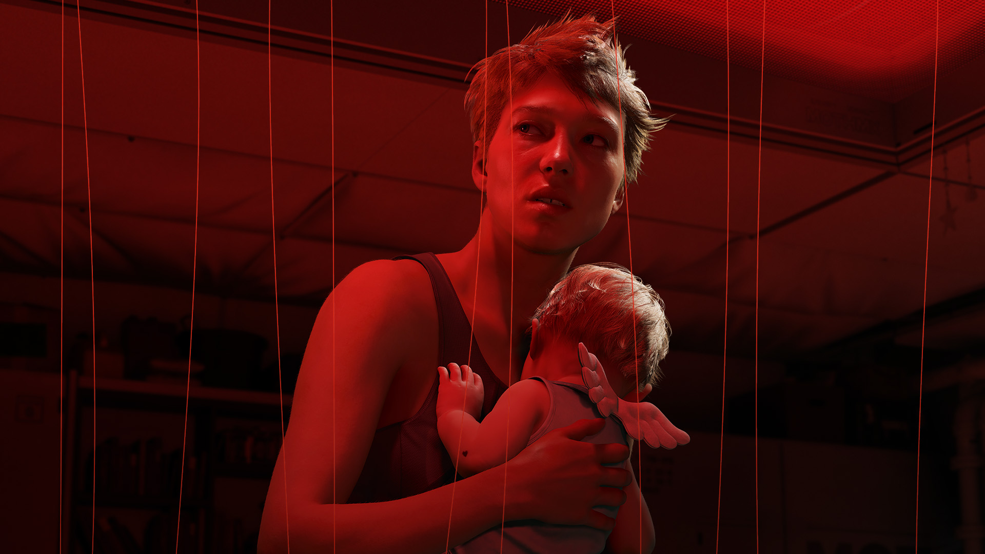 Fragile, portrayed by Lea Seydoux, holds her baby, who is wearing wings, in a panicked state in a screenshot from Death Stranding 2