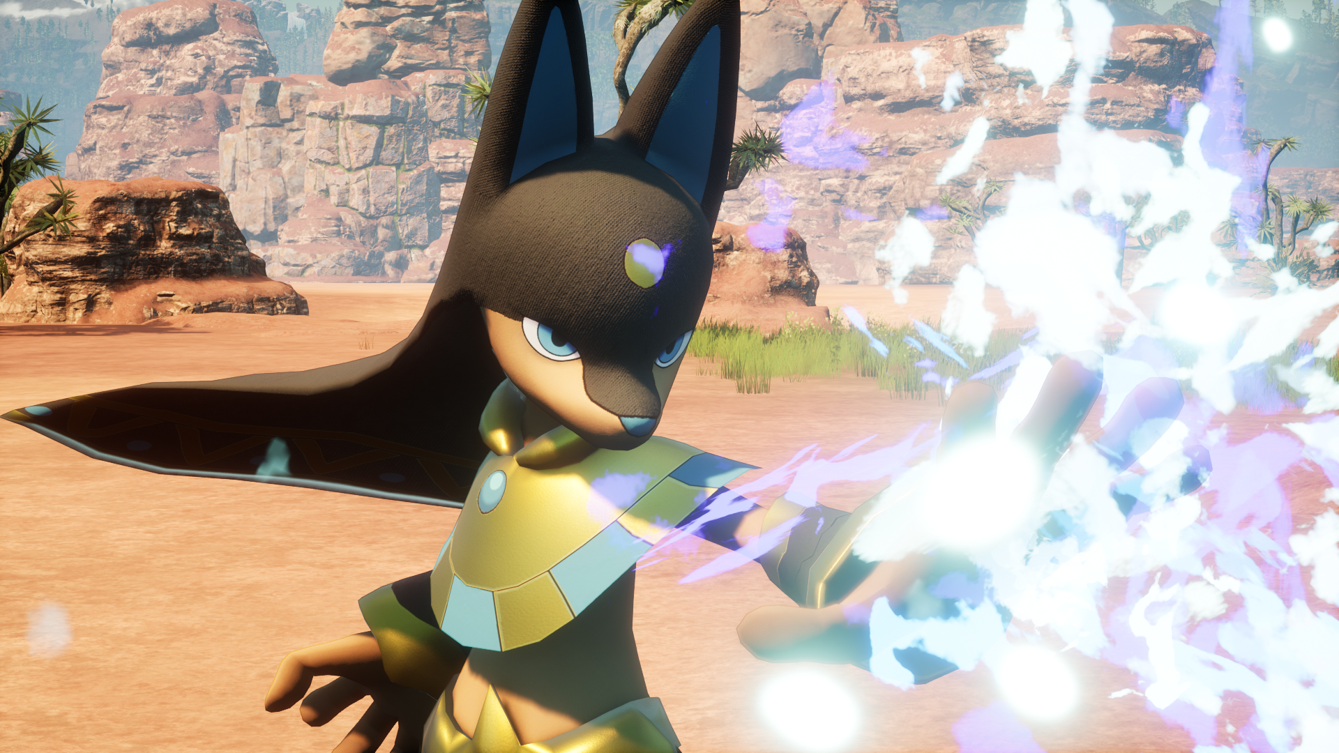 Anubis from Palworld charges up an energy blast