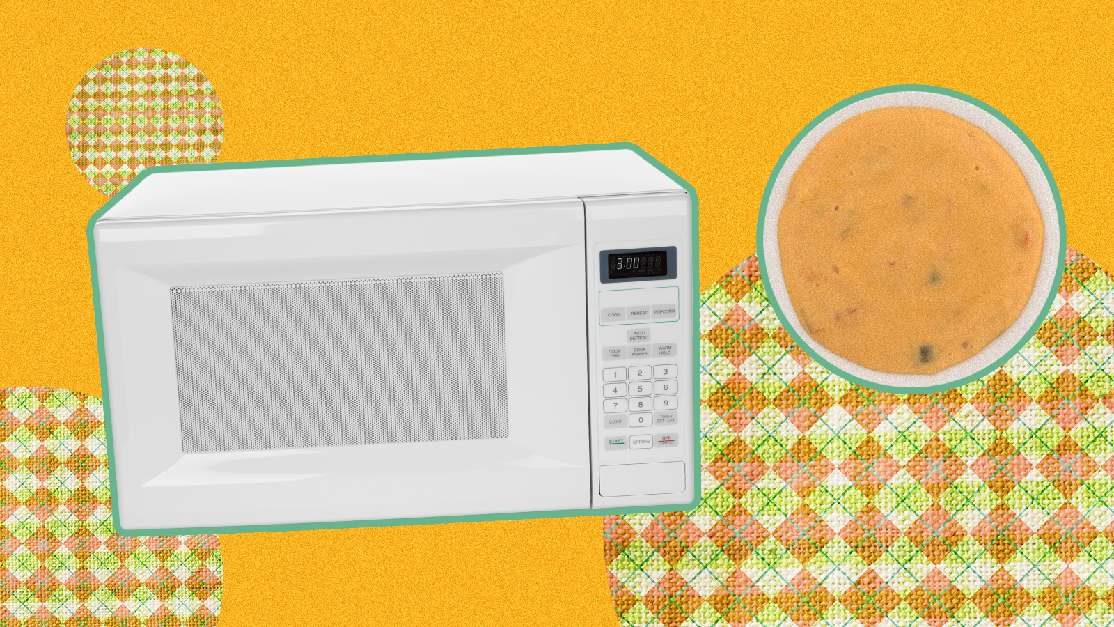Collage of a microwave and bowl of queso on a yellow patterned background.