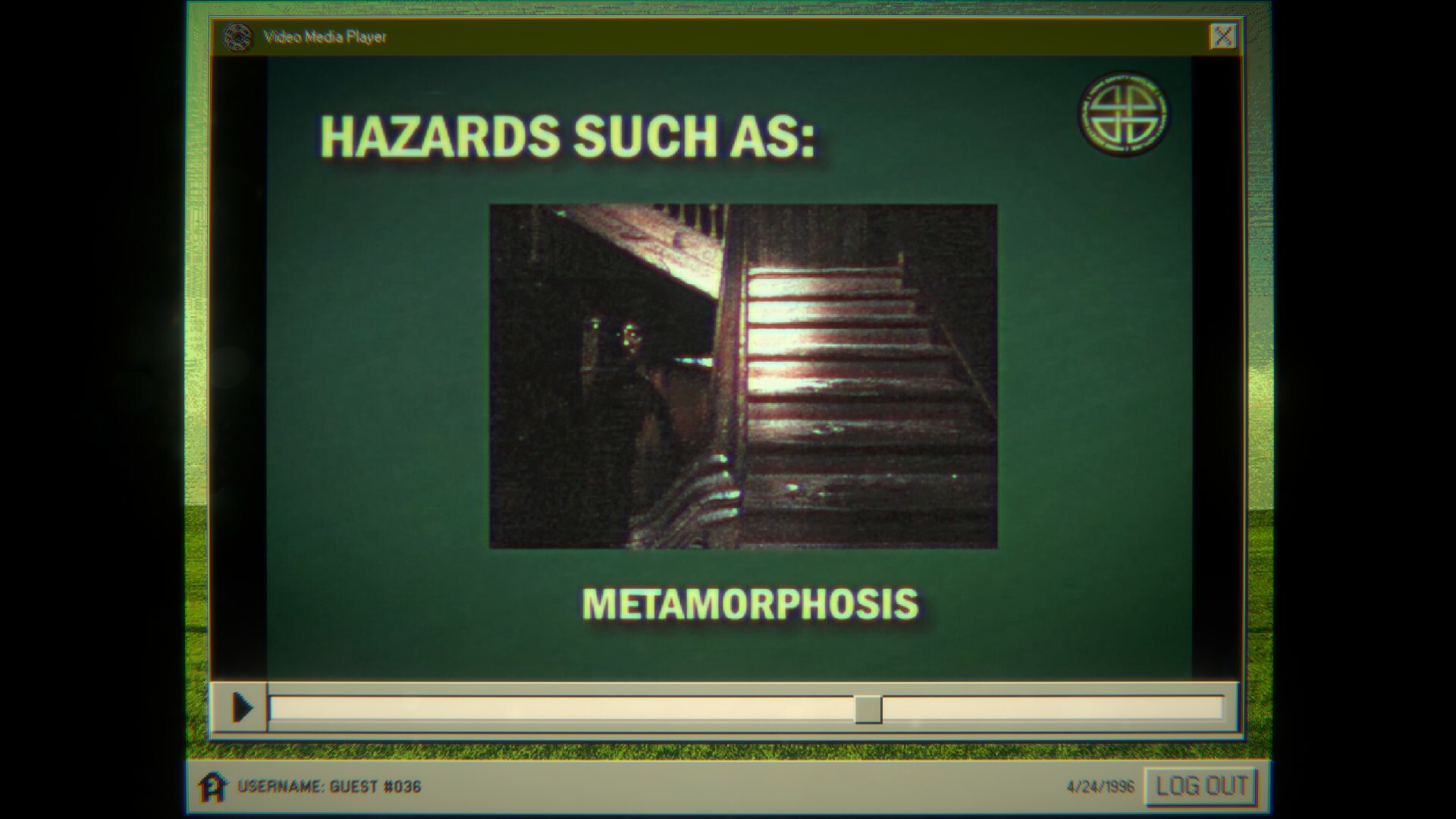 Image: A computer from 1996, showing a slide from part of a presentation that reads: “Hazards such as: metamorphosis”, with a scary photo of some kind of monster lurking behind stairs.