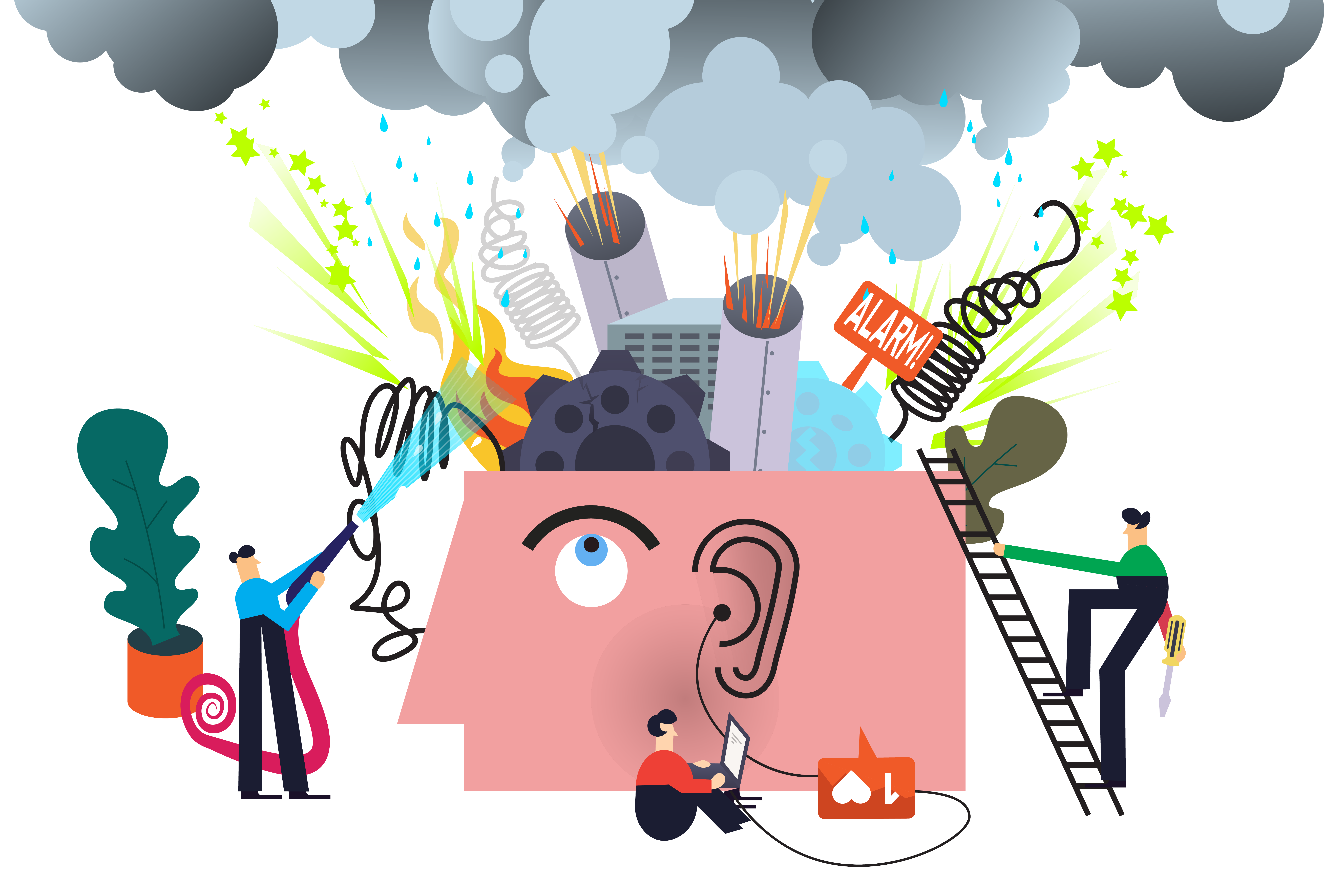 An illustration of a man’s open head. Where his brain should be is smoking machinery and gears. A figure of a person holding a hose shoots water trying to put out the fire. Another holds a screwdriver and climbs a ladder toward the open head. Another figure sits in front of the head on a laptop with a cord plugged into the head’s ear.