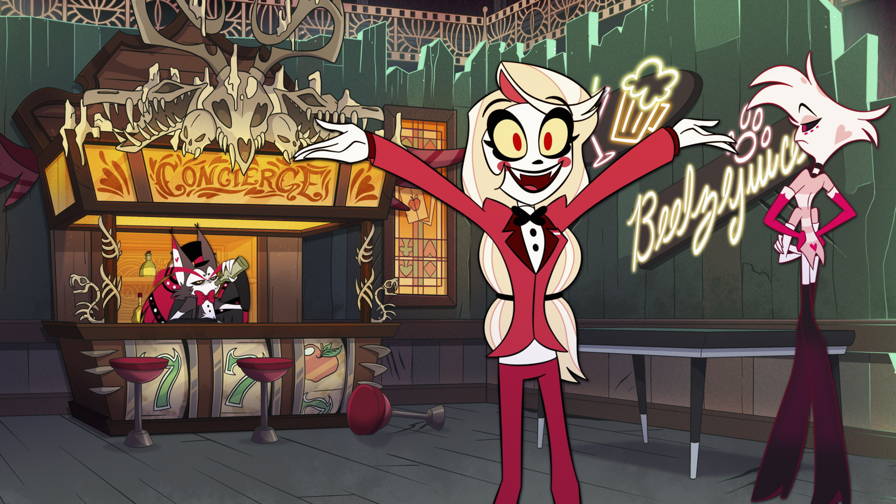 Charlie posing in front of the concierge desk at the Hazbin Hotel