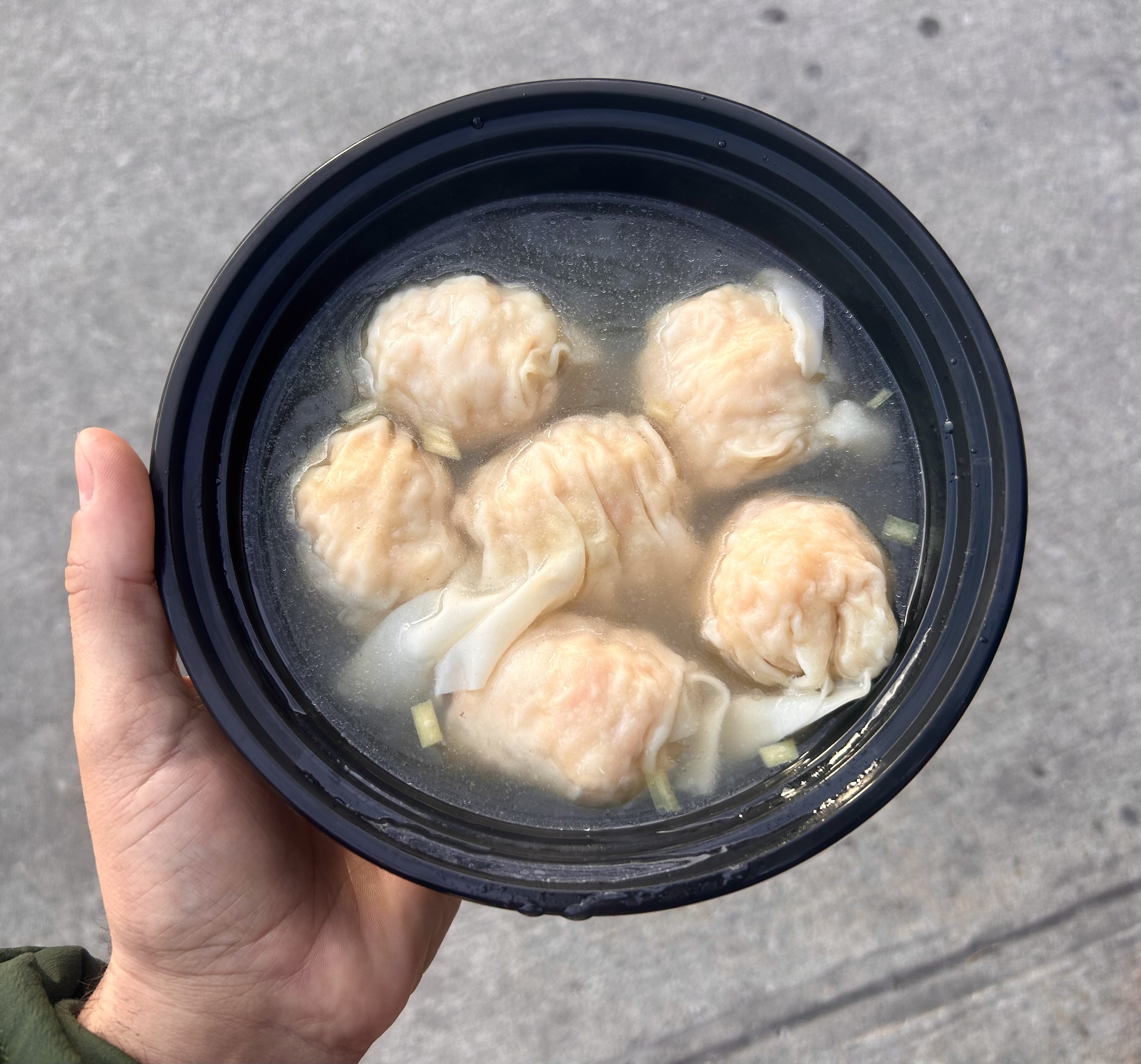 A hand holds a takeout bowl of wontons floating in soup.