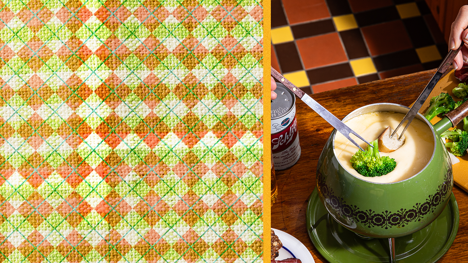 A collage of a vegan cheese fondue next to a yellow plaid background.