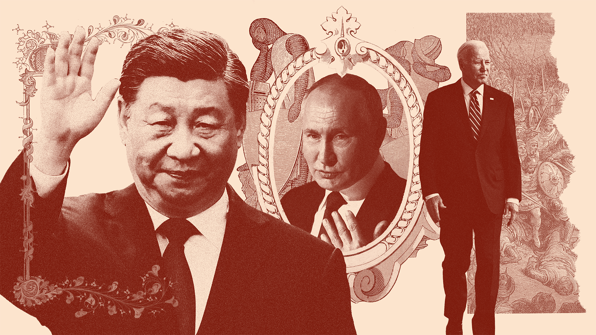 A photo collage shows Xi Jinping, Vladimir Putin, and Joe Biden in a scene of medieval art elements.