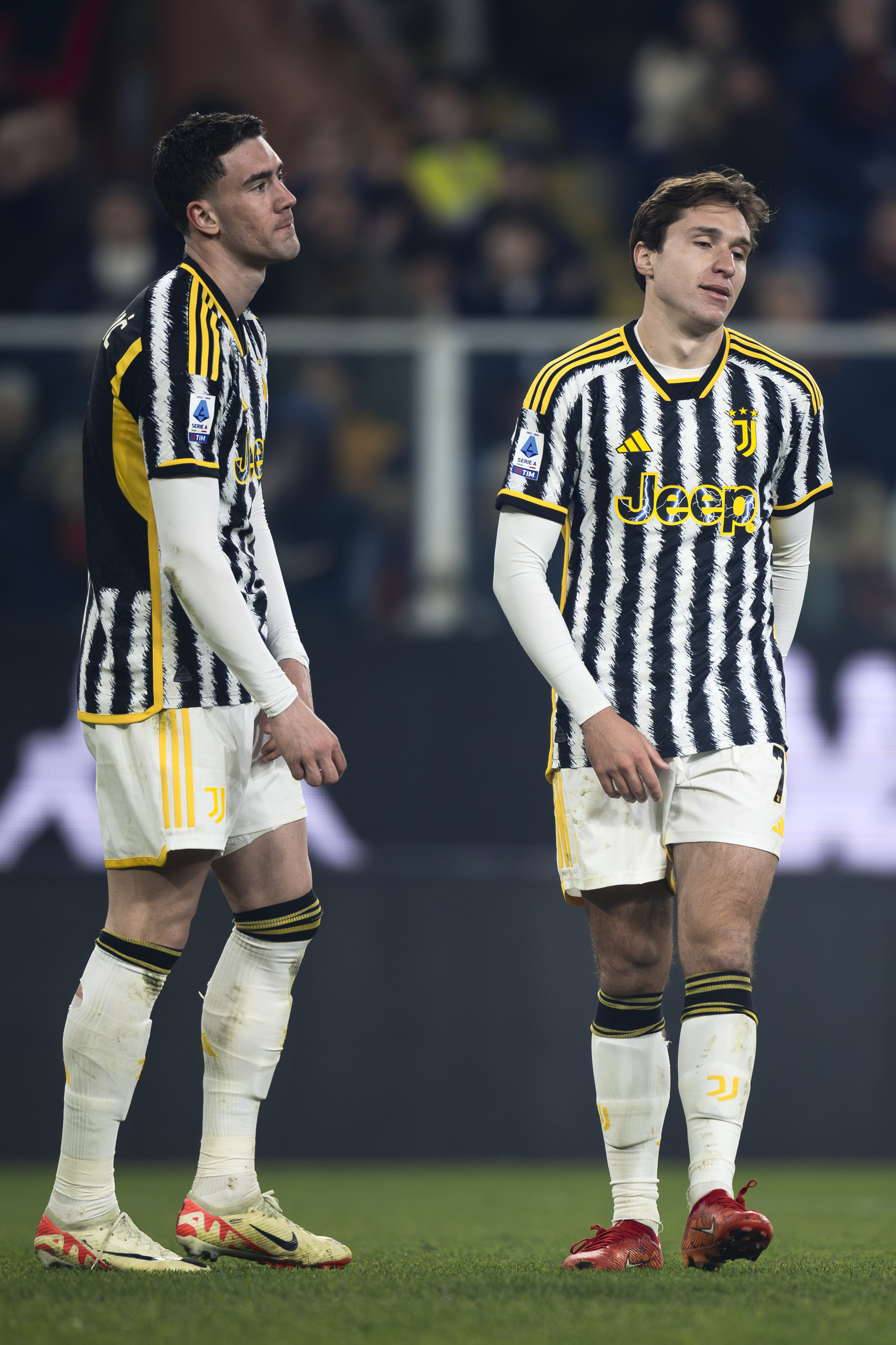 Dusan Vlahovic (L) and Federico Chiesa of Juventus FC look...