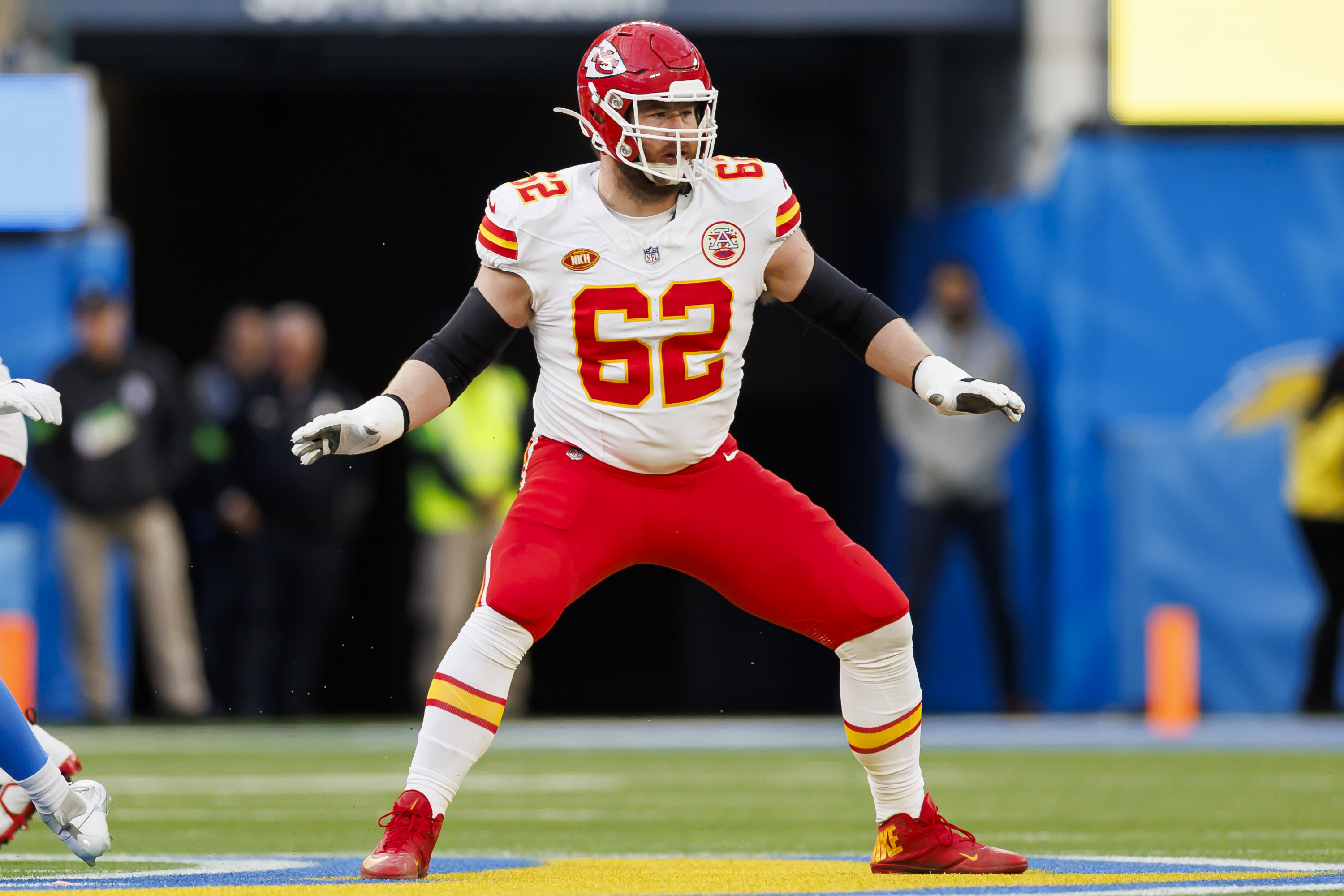 Joe Thuney #62 of the Kansas City Chiefs blocks during an NFL football game against the Los Angeles Chargers at SoFi Stadium on January 7, 2024 in Inglewood, California.