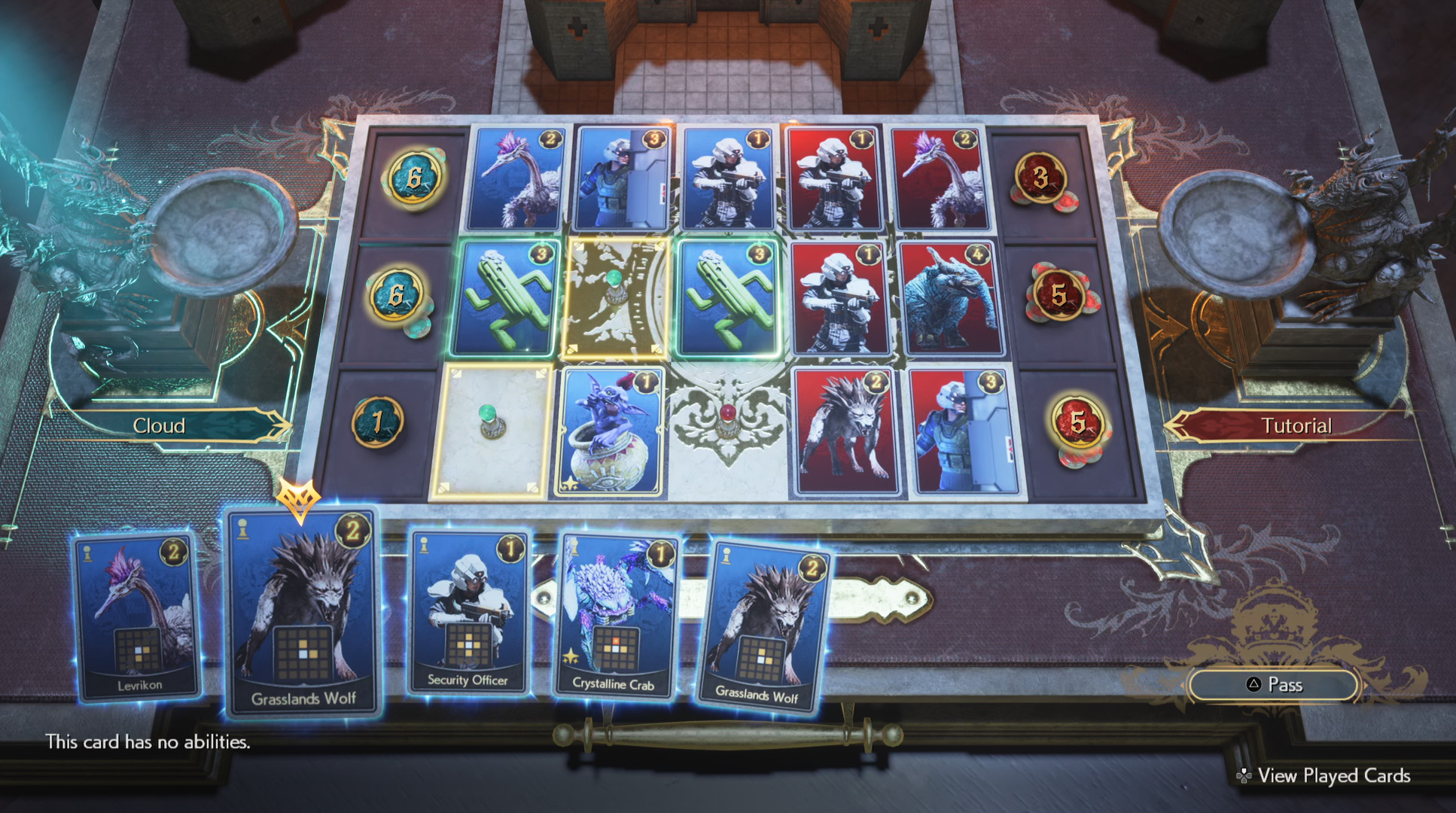 Cards featuring Final Fantasy monsters are laid out on tiles board in the card game Queen’s Blood in Final Fantasy 7: Rebirth