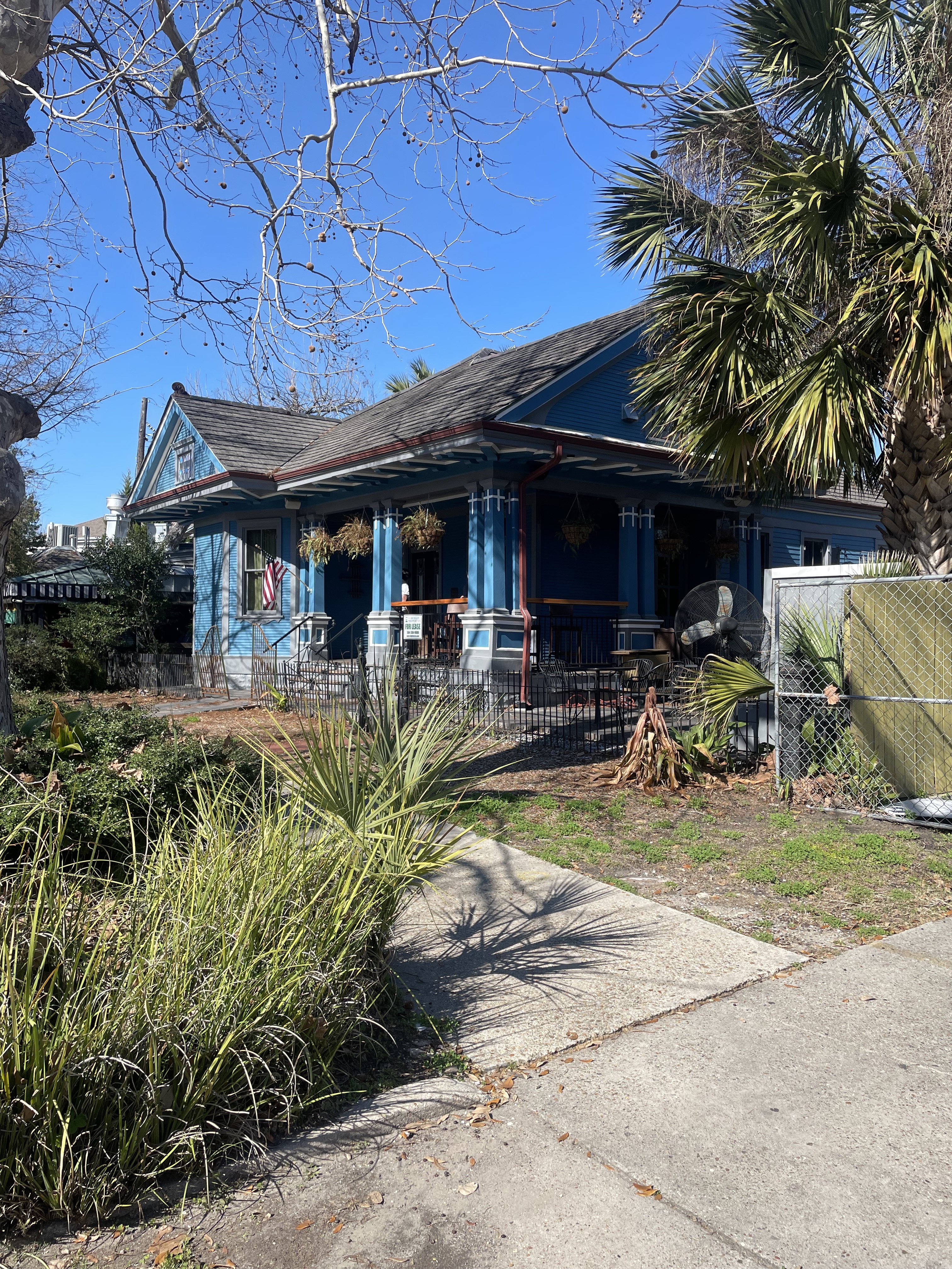The exterior of a blue house with pillars and a porch, and a leafy yard and patio in front of it.