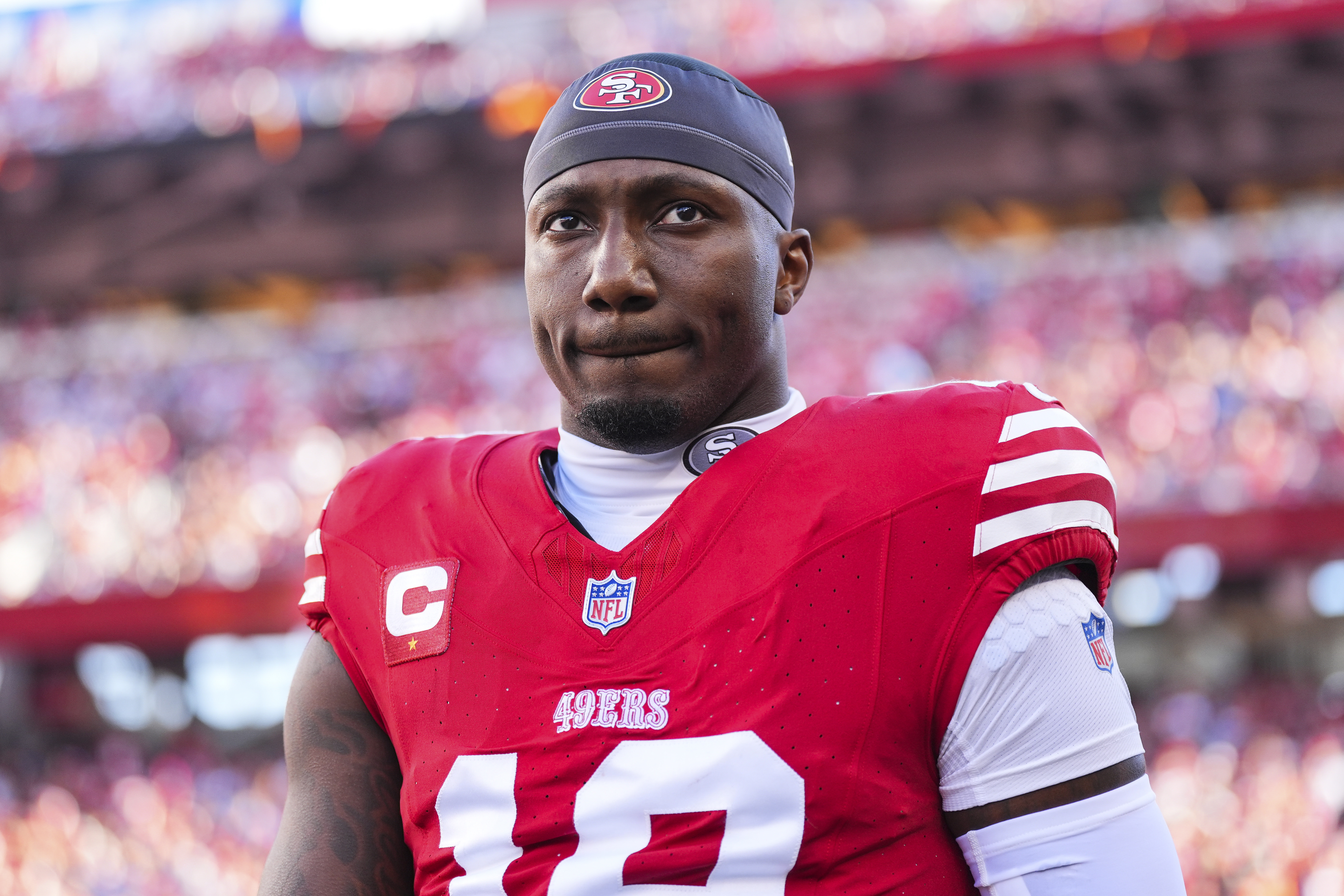 Deebo Samuel #19 of the San Francisco 49ers looks on from the sideline prior to the NFC Championship NFL football game against the Detroit Lions at Levi’s Stadium on January 28, 2024 in Santa Clara, California.