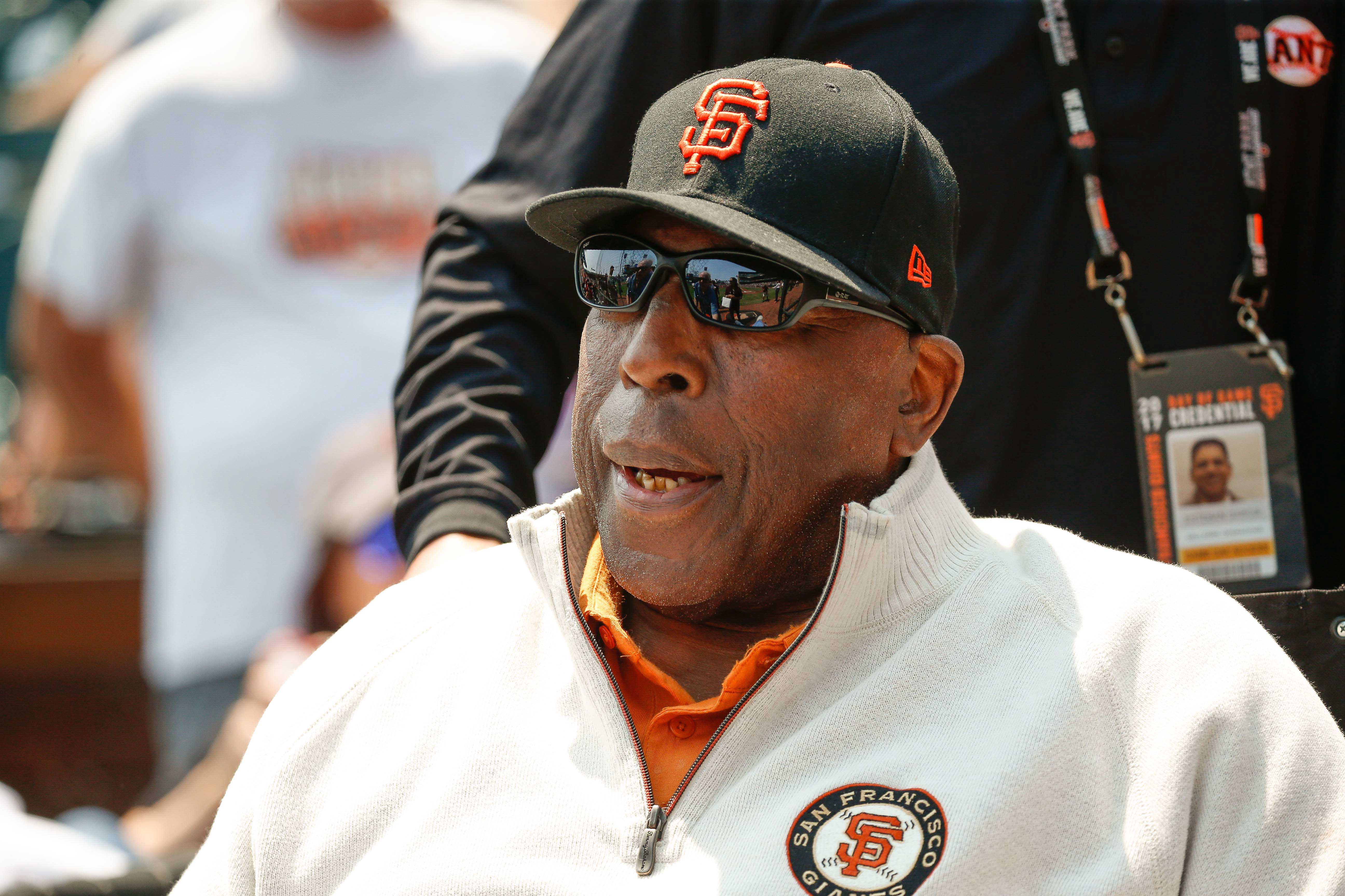 Close up of Willie McCovey wearing sunglasses in 2017. 