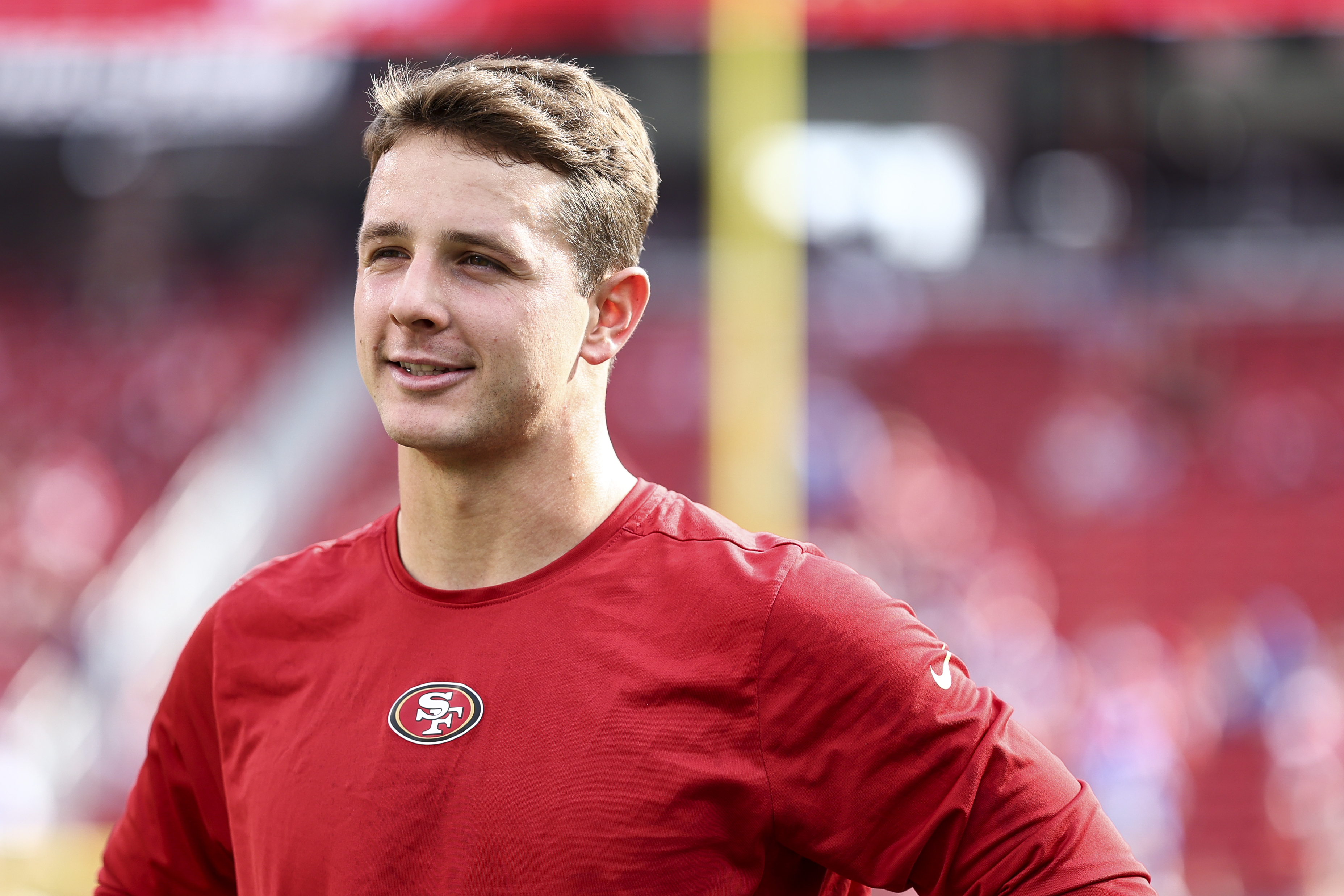 Brock Purdy #13 of the San Francisco 49ers looks on prior to the NFC Championship NFL football game against the Detroit Lions at Levi’s Stadium on January 28, 2024 in Santa Clara, California.