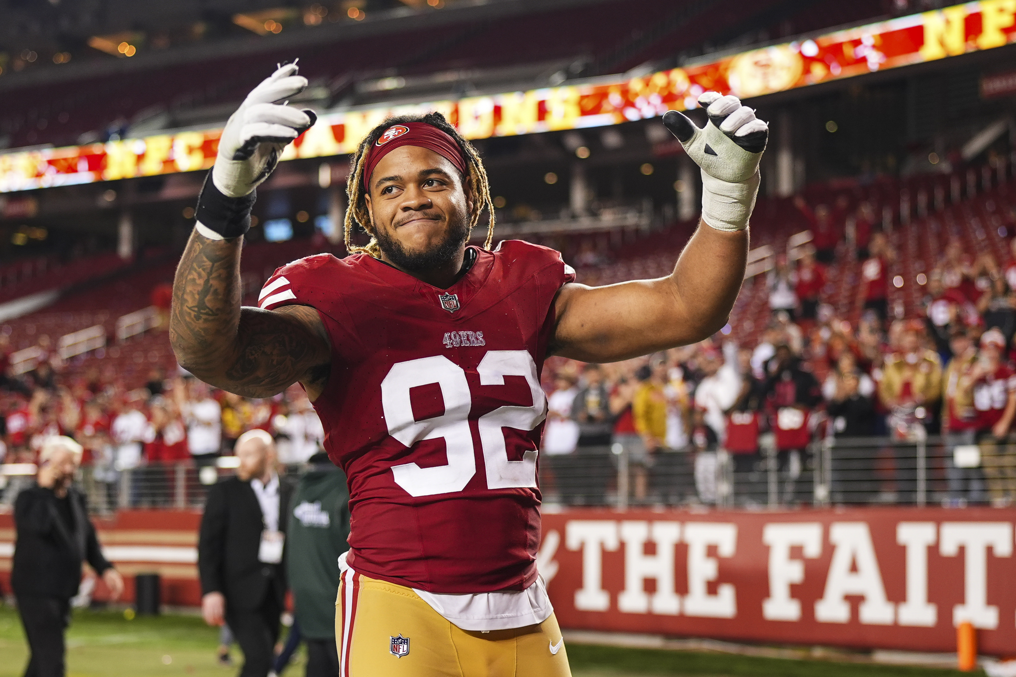 Chase Young #92 of the San Francisco 49ers celebrates after the NFC Championship NFL football game against the Detroit Lions at Levi’s Stadium on January 28, 2024 in Santa Clara, California.