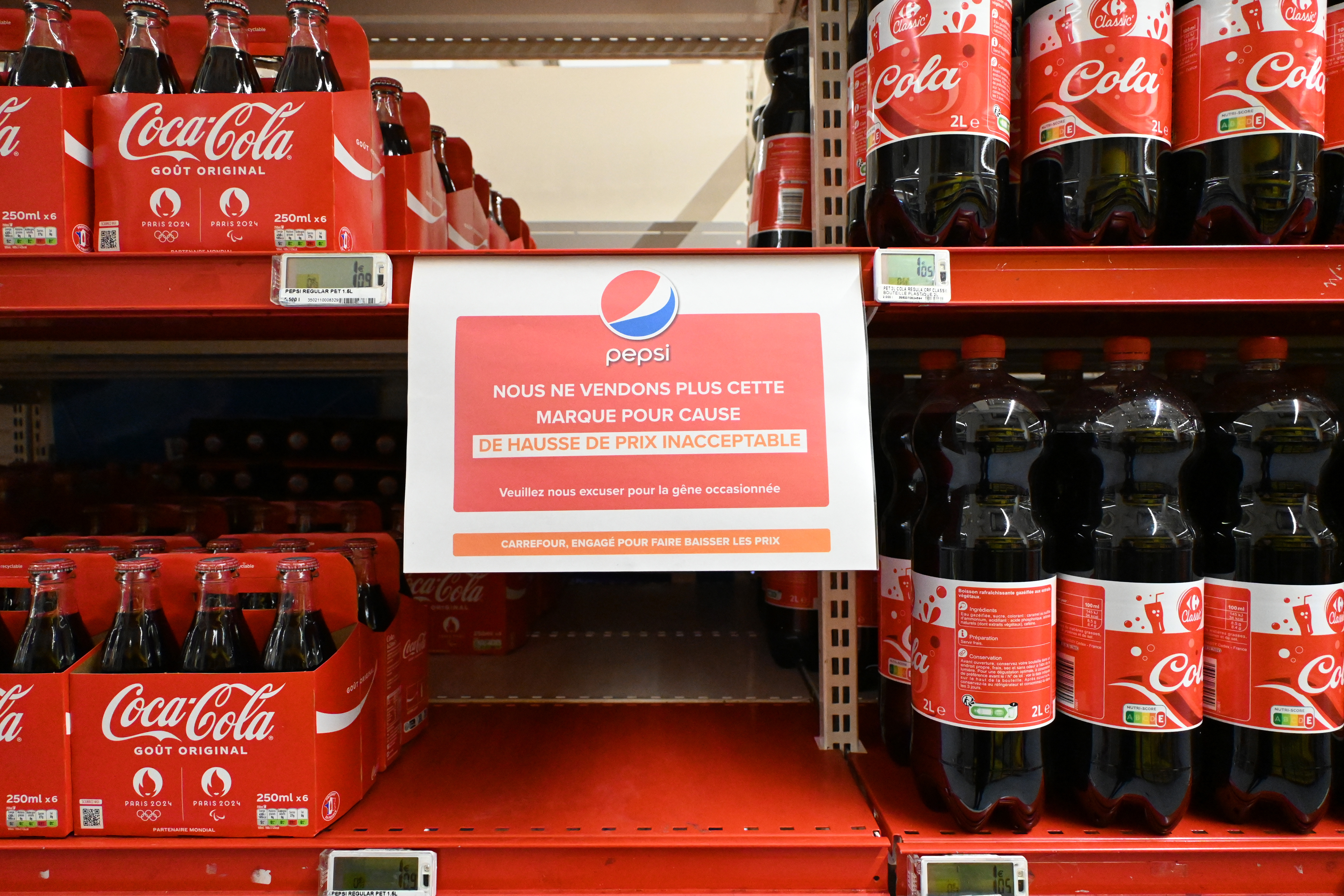 Grocery shelves with Coca-Cola bottles, with an empty space where Pepsi’s products would typically go. A sign written in French informs customers that some PepsiCo products are not available due to unacceptable price increases.
