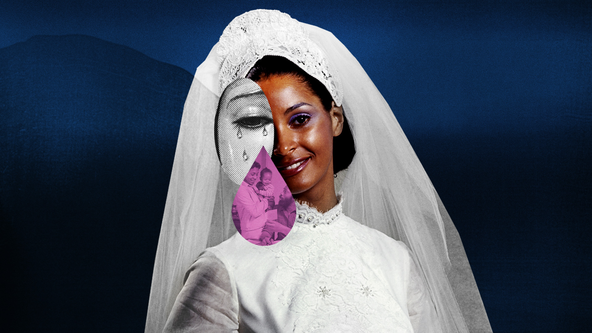 A photo of a woman wearing a 70s-era bridal gown and veil. A crying eye and a happy Black family within a lavender teardrop shape are collaged on top of the woman’s image.