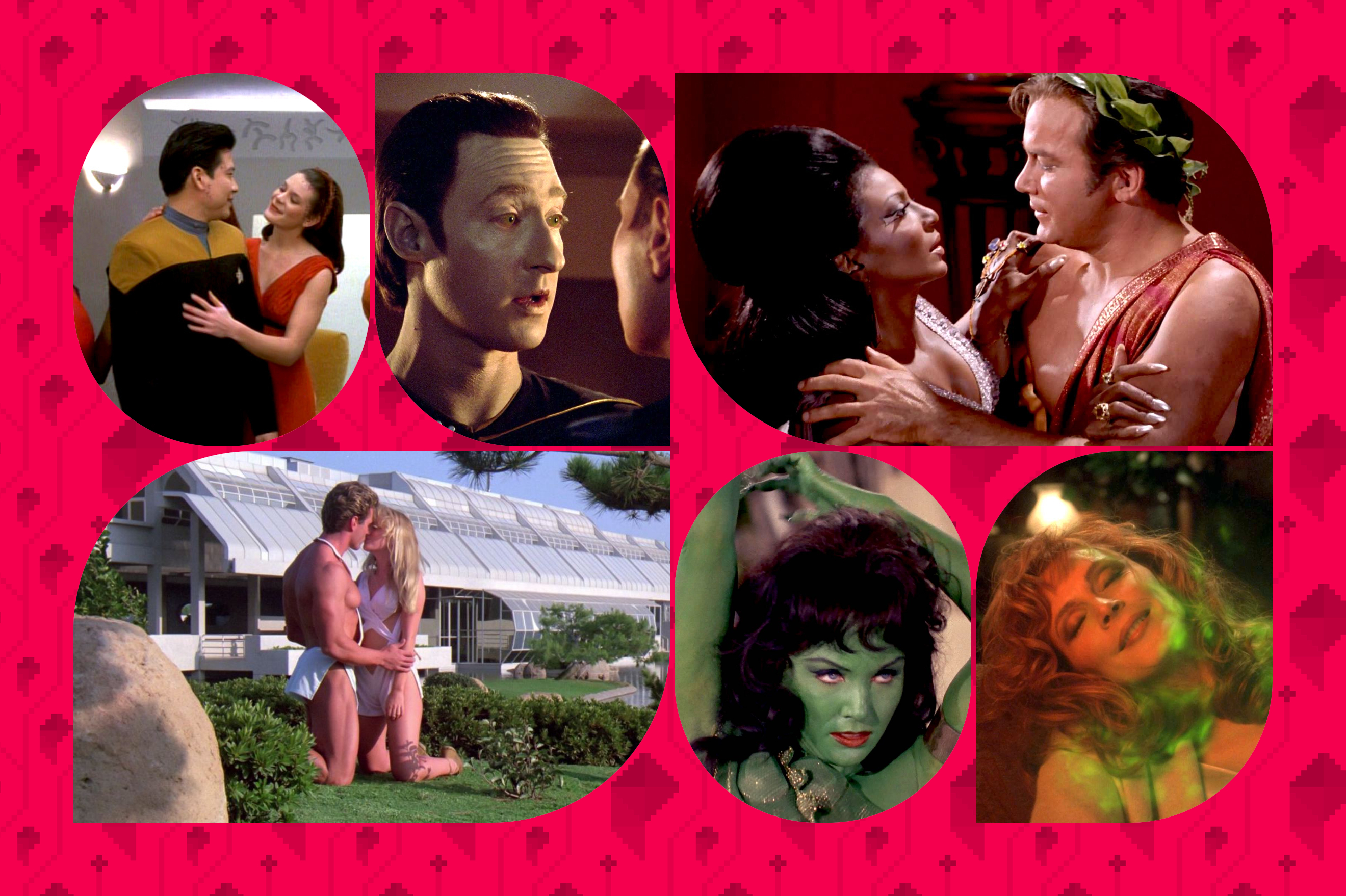 A collage of different screencaps from various Star Trek shows, showing couples embracing and characters in various states of desire. 
