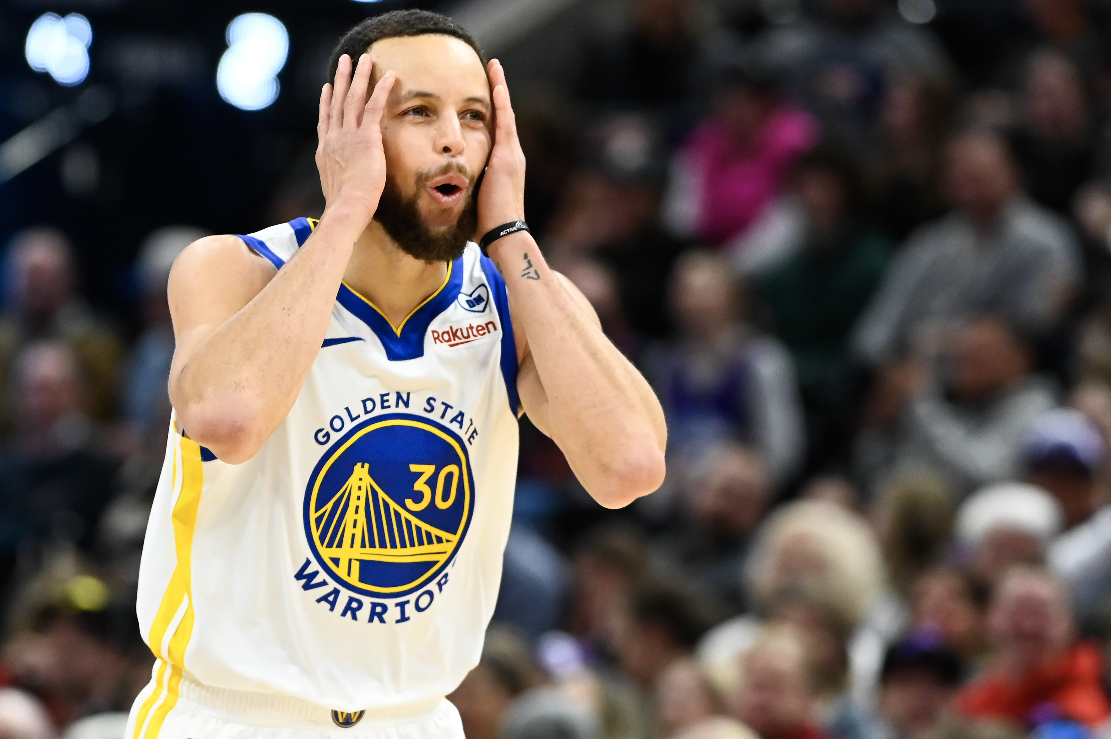Stephen Curry #30 of the Golden State Warriors celebrates a three-point basket during the second half against the Utah Jazz at Delta Center on February 12, 2024 in Salt Lake City, Utah.