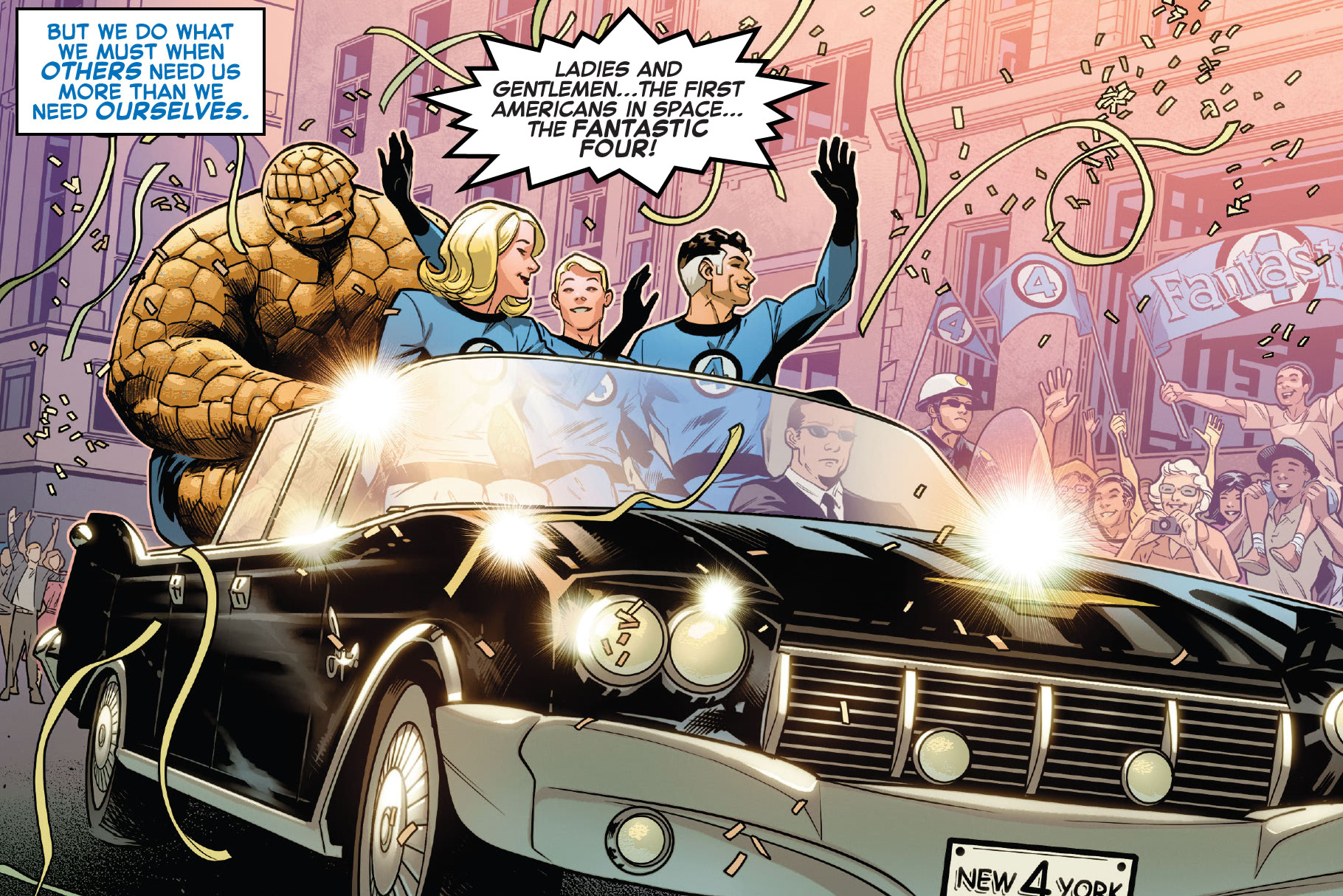 The Fantastic Four ride in a black convertible through a ticker tape parade, as an announcer hails them as the first Americans in space in Fantastic Four: Life Story #1.