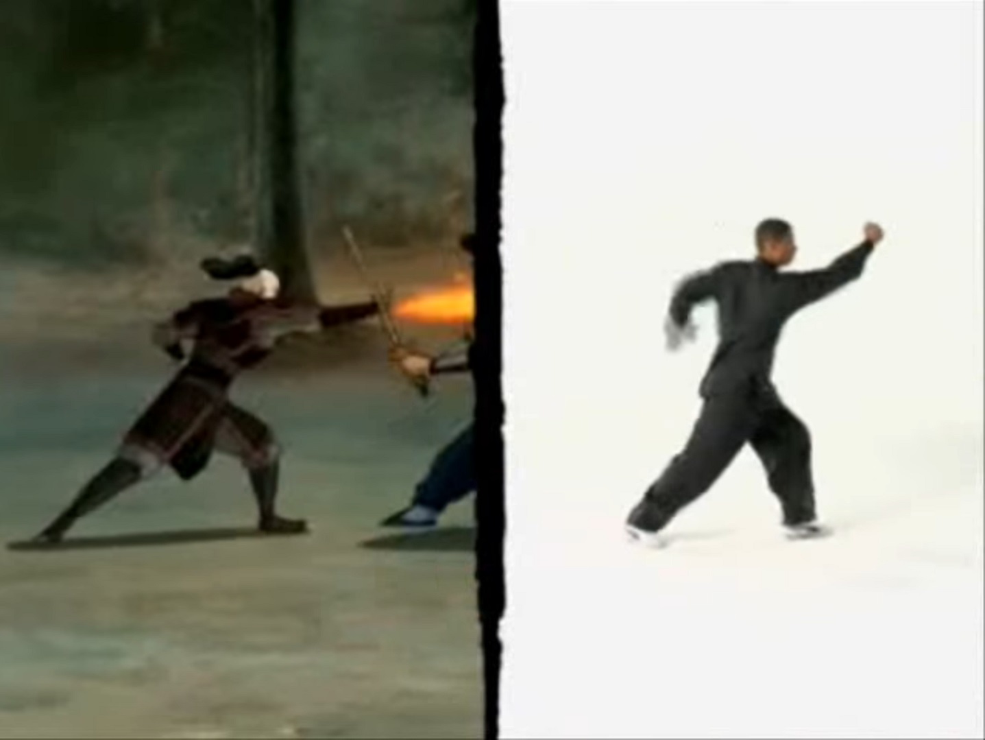 Sifu Kisu strikes an aggressive fighting pose, as Zuko makes the same motion with fire coming out of his arms in ATLA side-by-side