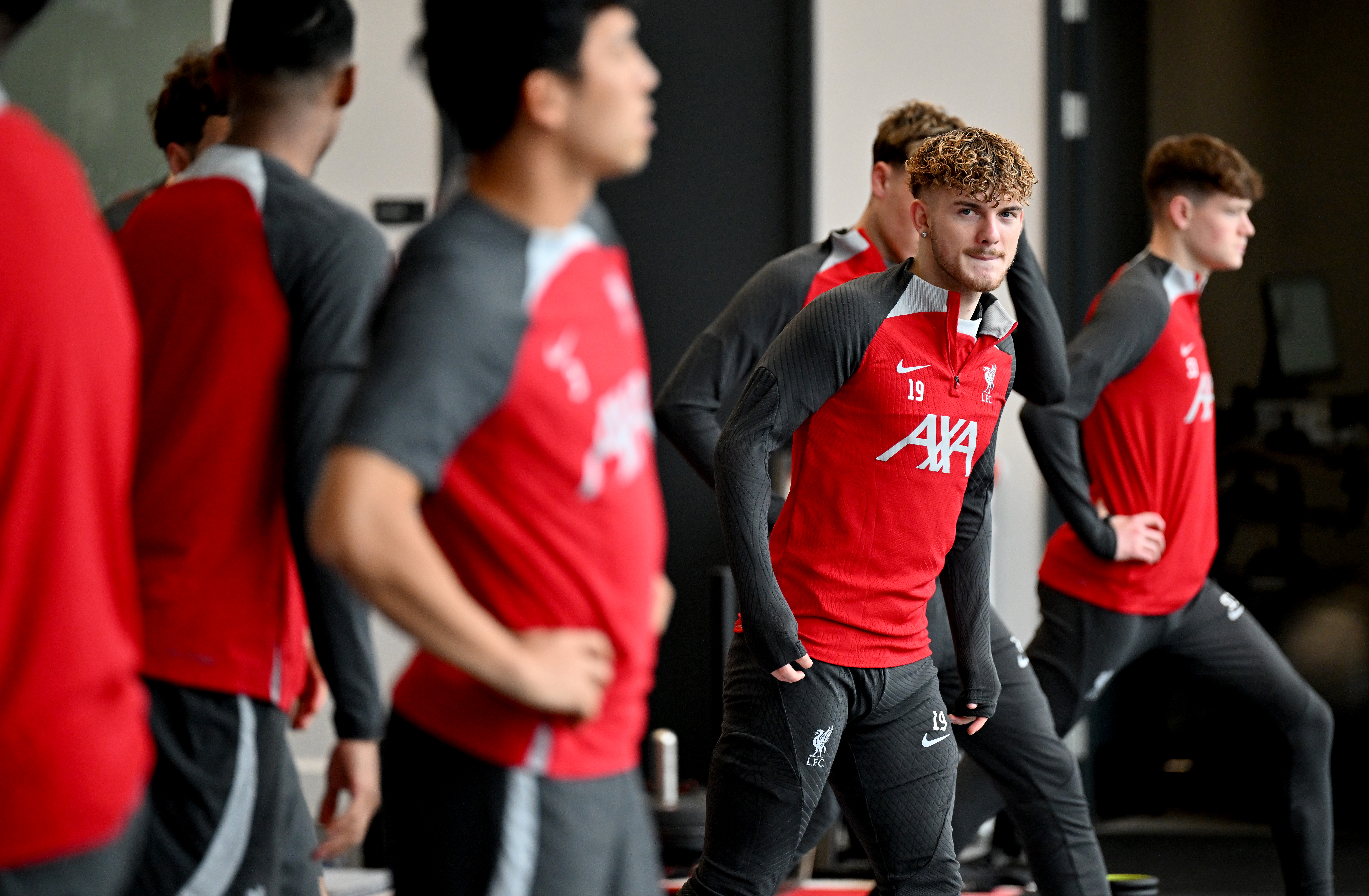 Harvey Elliott of Liverpool during a training session at AXA Training Centre on February 13, 2024 in Kirkby, England.