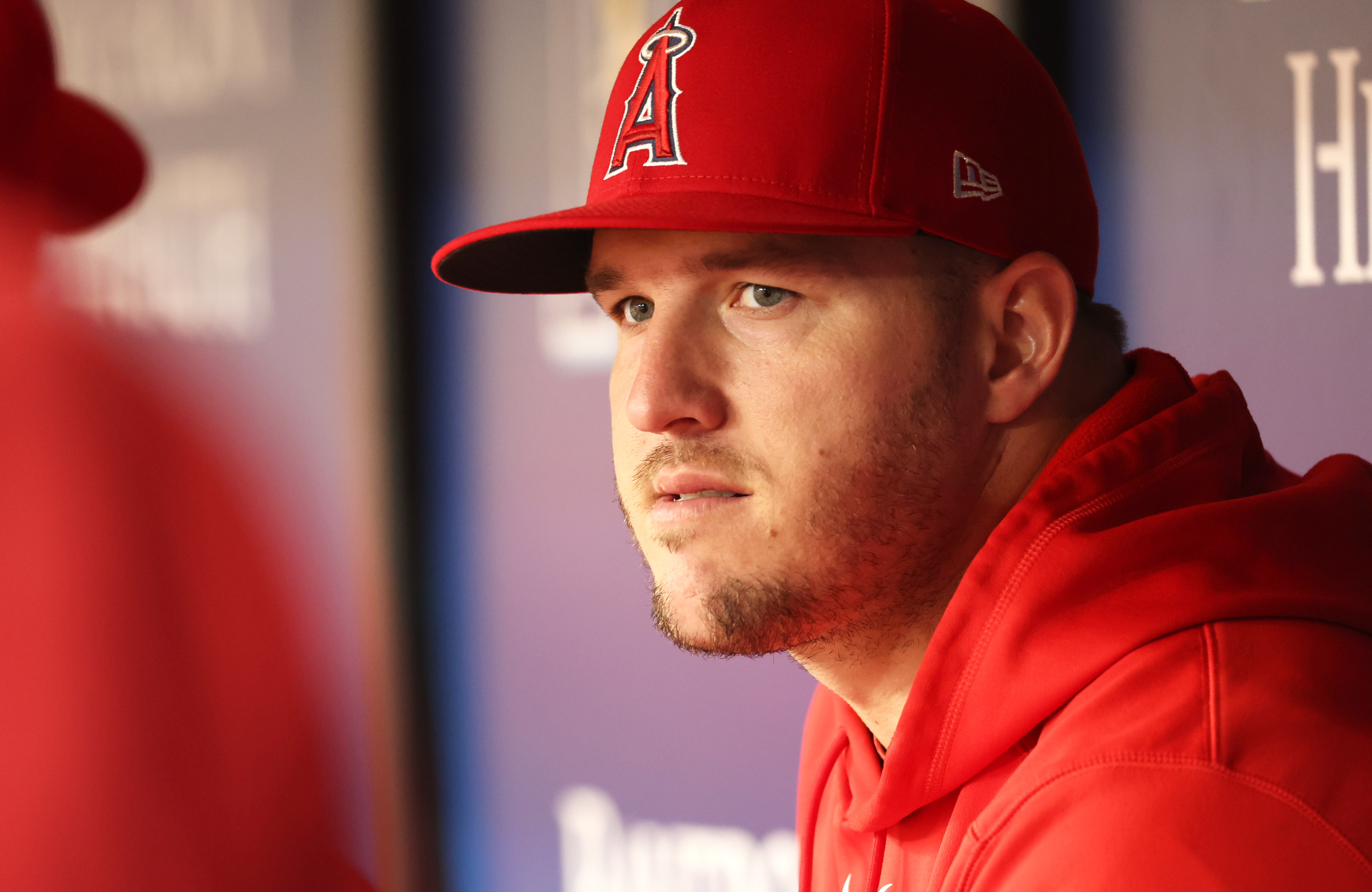 Los Angeles Angels outfielder Mike Trout looks on against the Tampa Bay Rays during the first inning at Tropicana Field.