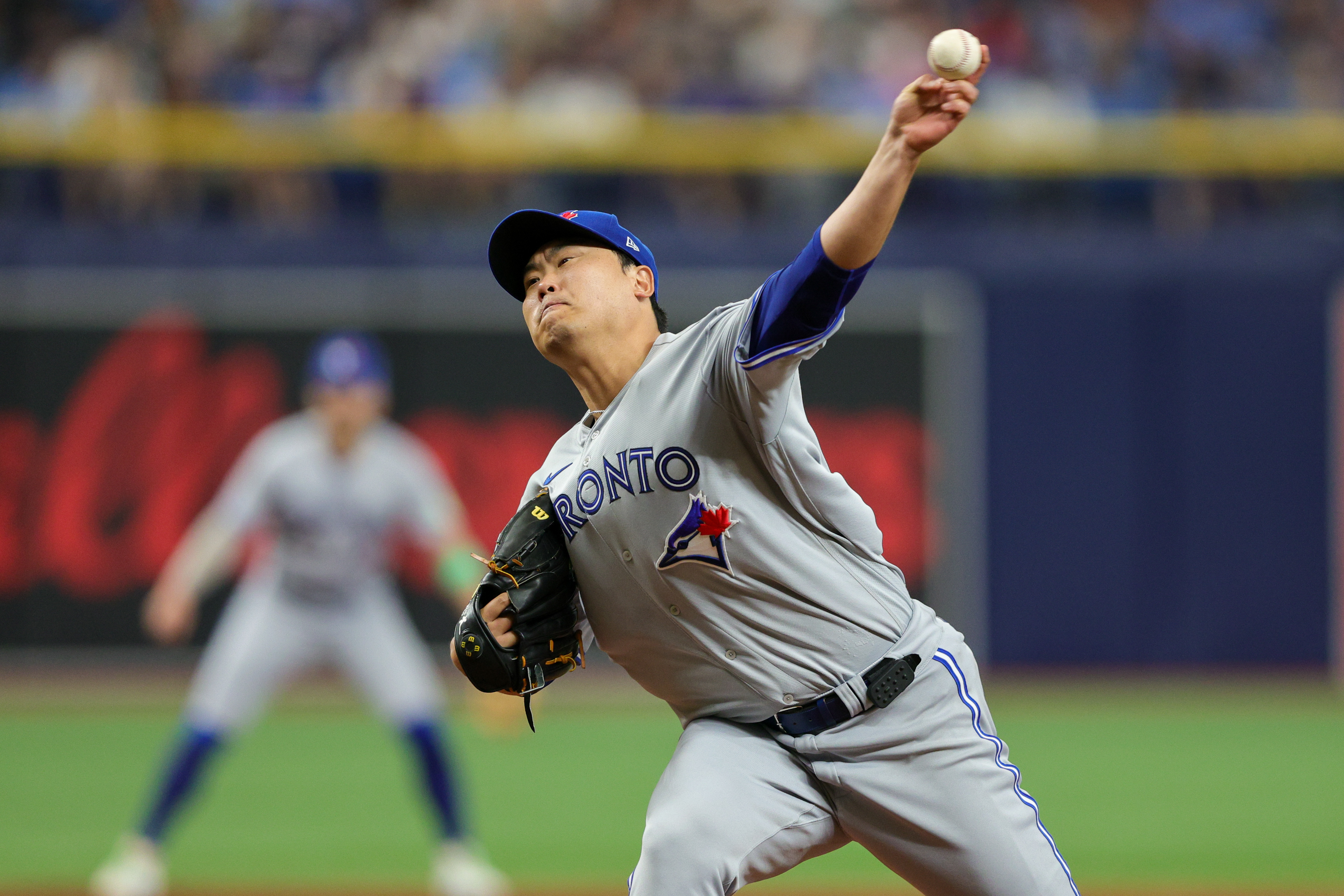 Toronto Blue Jays starting pitcher Hyun Jin Ryu throws a pitch against the Tampa Bay Rays in the third inning at Tropicana Field.